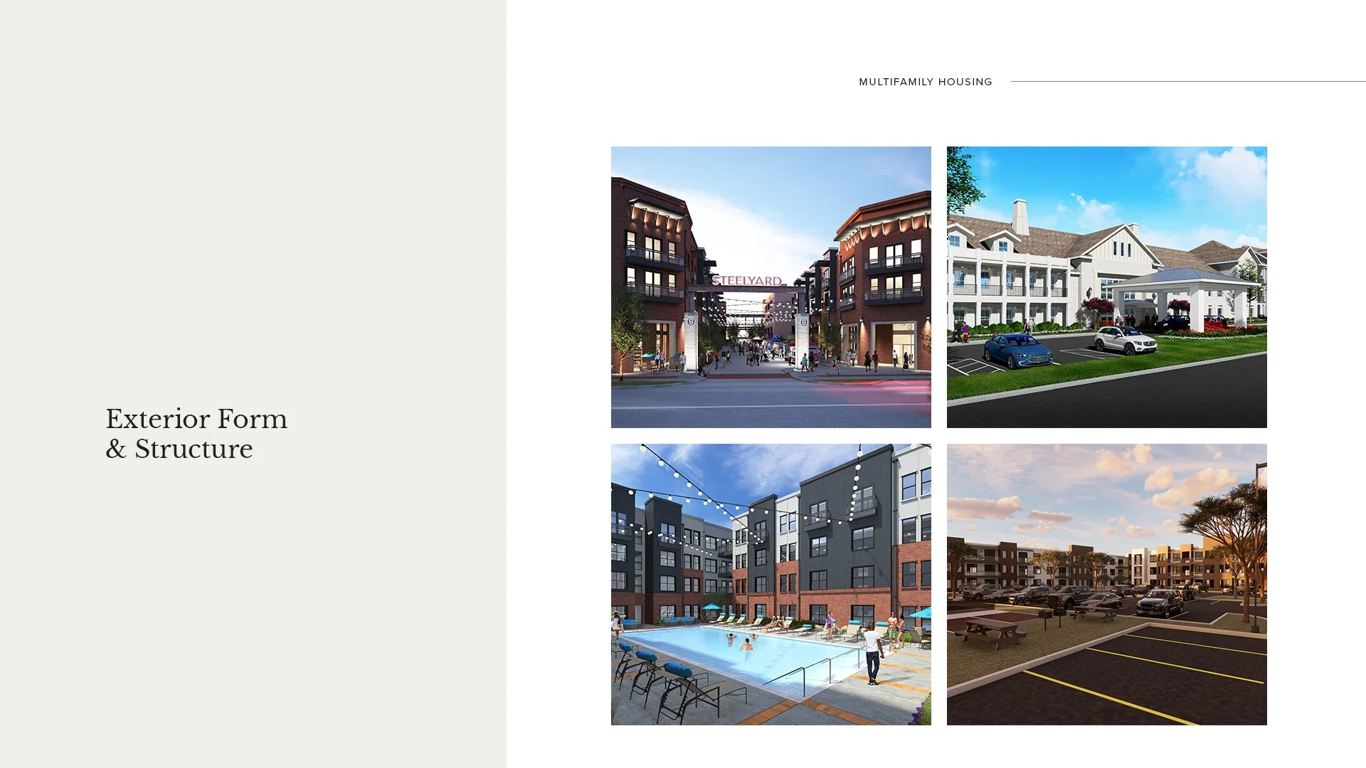 Composite image showcasing exterior forms and structures of multifamily housing including retail area entrance, residential buildings with parking, an apartment pool area, and a parking lot.
