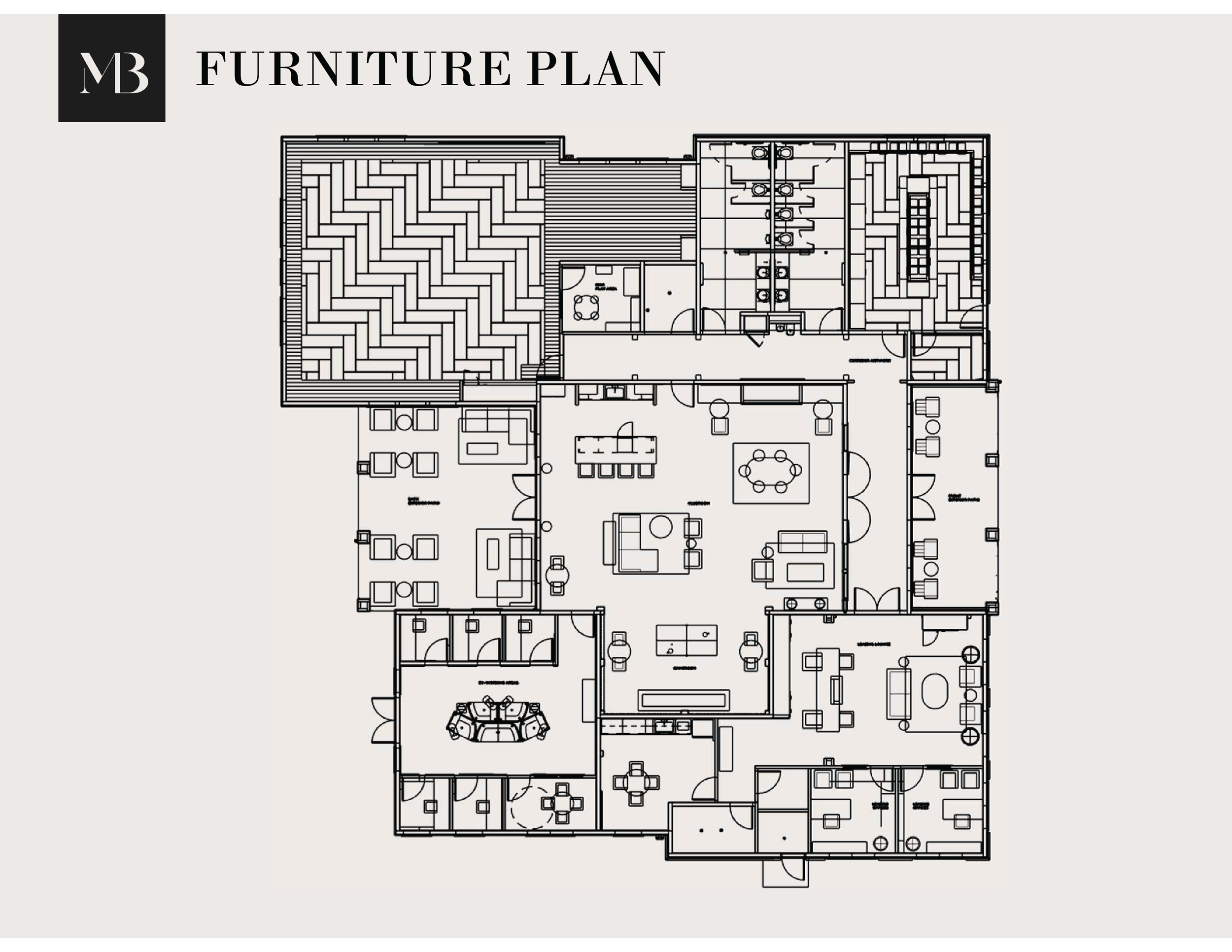 Floor plan of a furniture layout including various rooms with sofas, chairs, tables, beds, and office furniture, along with hallways and doors.