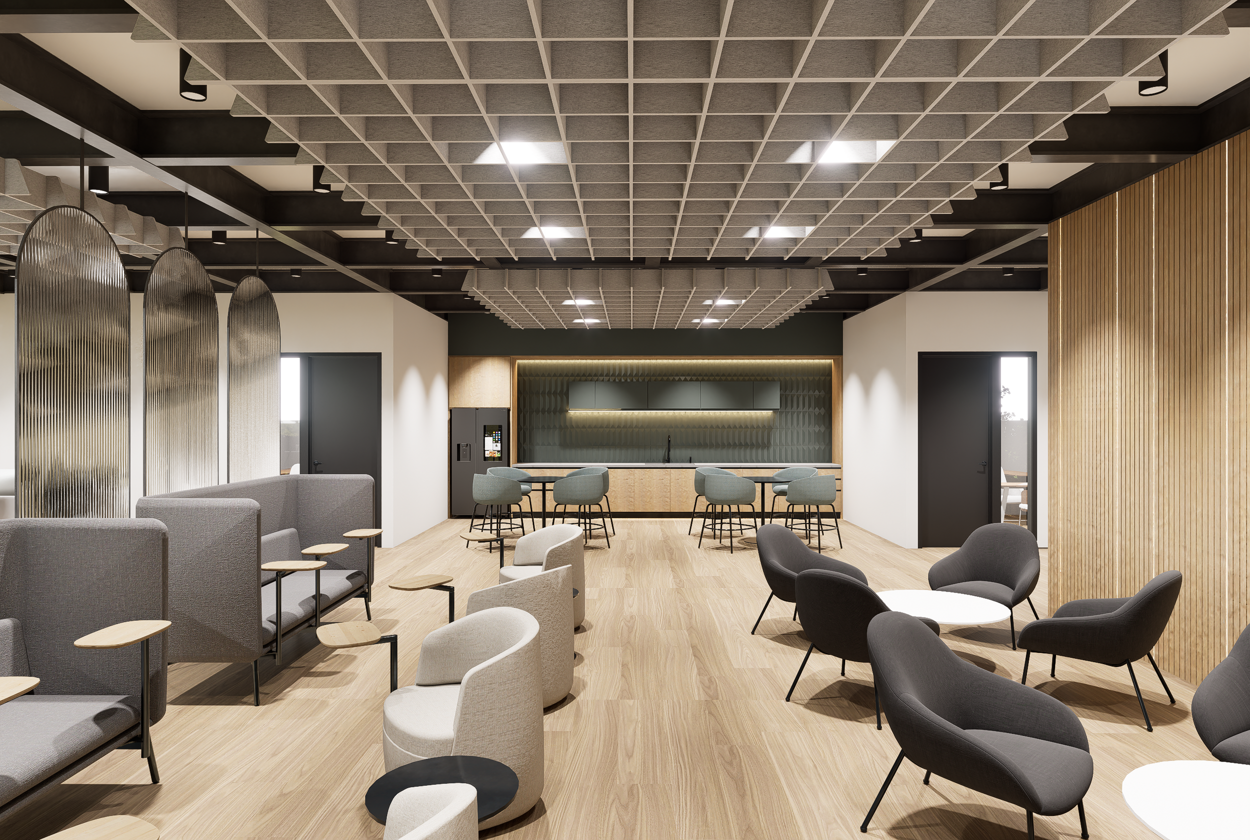 Modern lounge area with various chairs and tables, a reception counter at the back, and wood and black panel accents on the walls and ceiling.