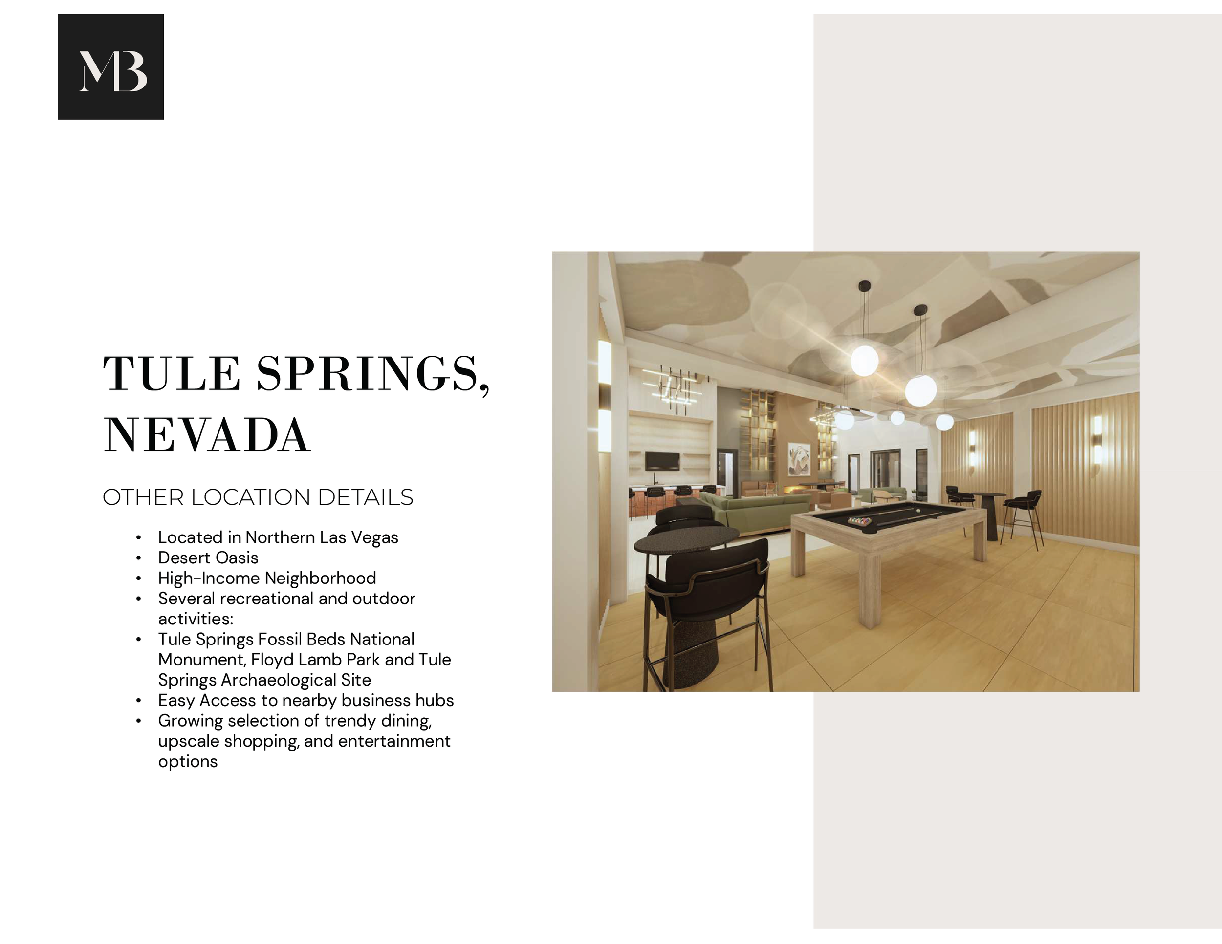 Interior of a modern recreational room with a pool table, seating, and lighting fixtures.