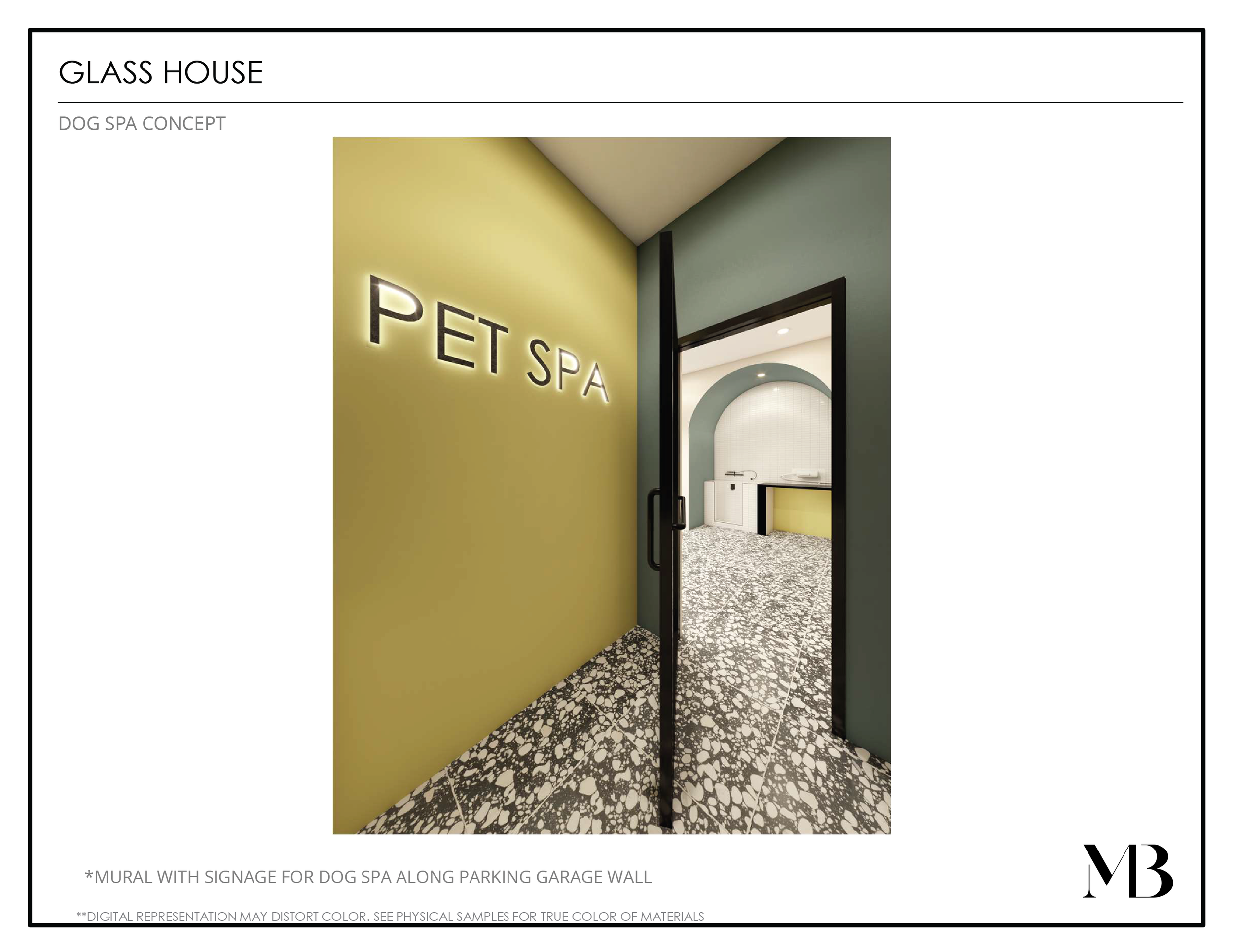 Interior view of a pet spa named 'Pet Spa' with a green wall, a black door frame, and a terrazzo floor, leading to a counter area with a white tile arch.