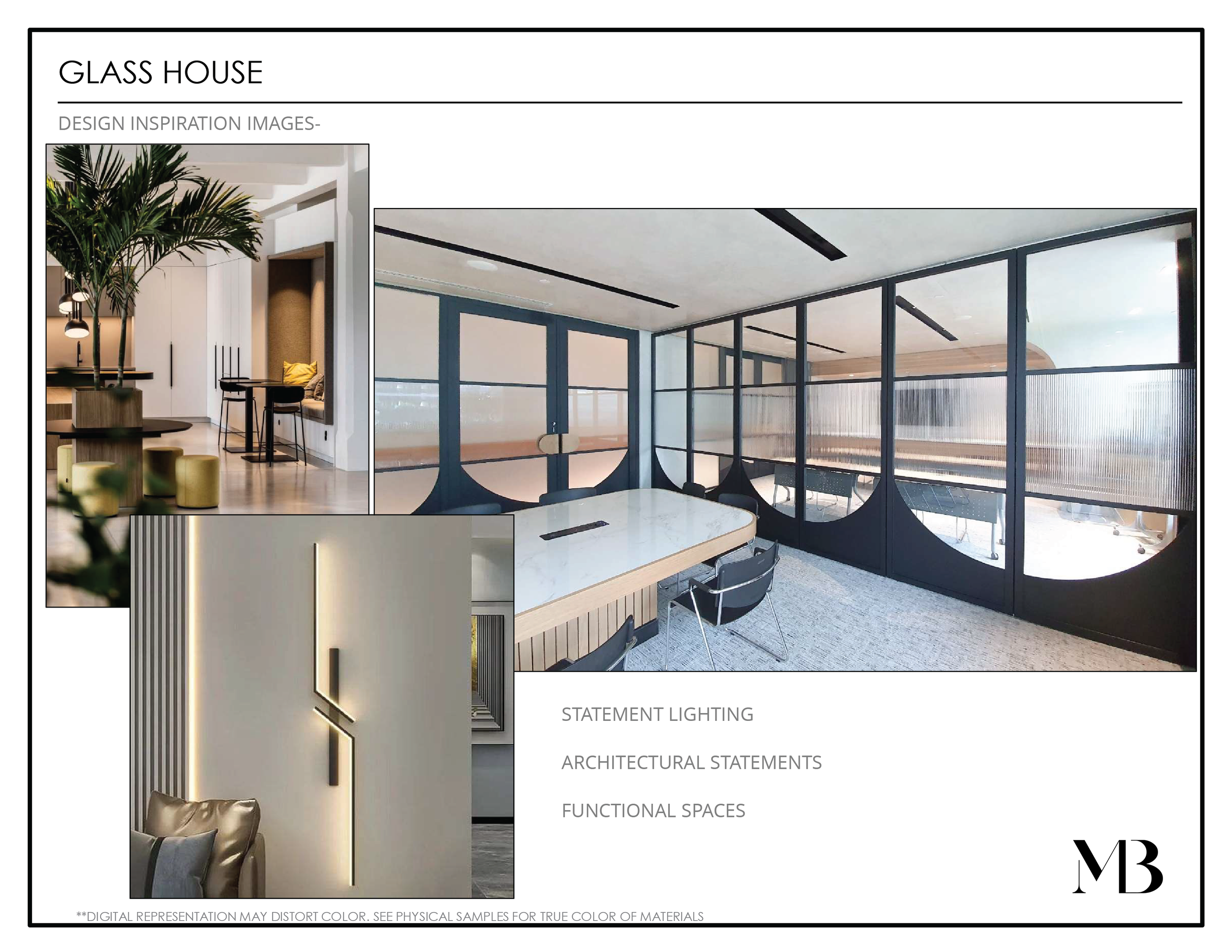 Design inspiration images of modern interior spaces for a glass house, including a sitting area with seating arrangements and plants, a space with statement lighting, and architectural features