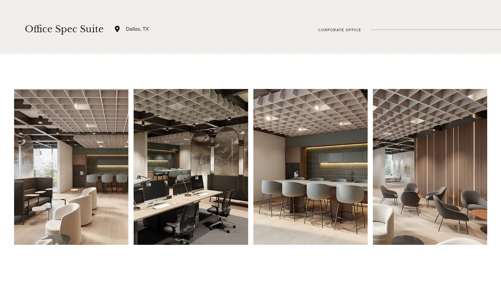 Collage of four images showing a modern, stylish office interior with ergonomic chairs, tables, and decorative ceiling panels in neutral colors, located in Dallas, Texas.