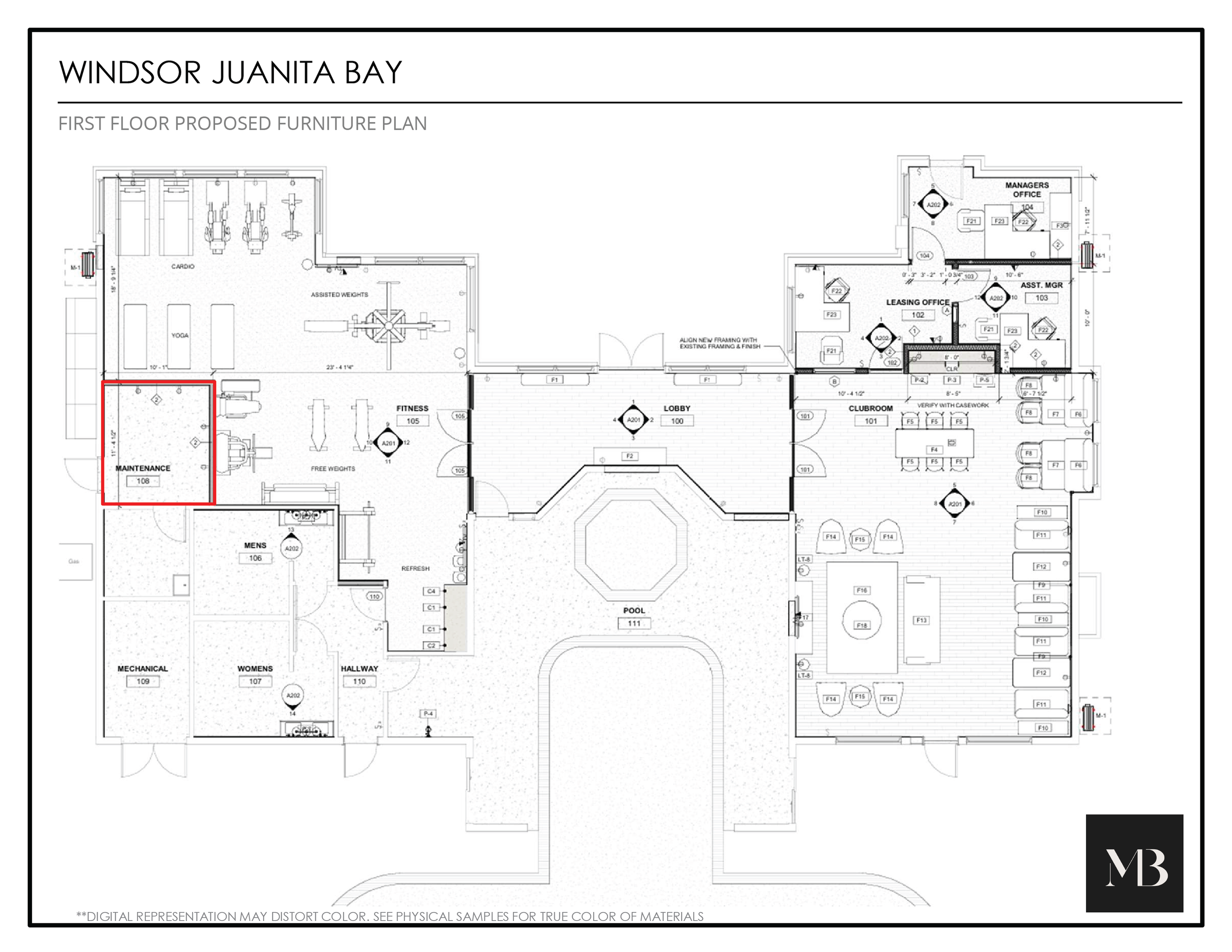 First floor proposed furniture plan for Windsor Juanita Bay, showing rooms such as fitness, maintenance, men and women’s restrooms, mechanical room, hallways, pool, lobby, clubroom, leasing office, managers office, assistant manager office, and various furniture arrangements and equipment locations across the layout.