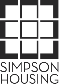 Logo of Simpson Housing featuring a geometric design of a stylized house and the company name