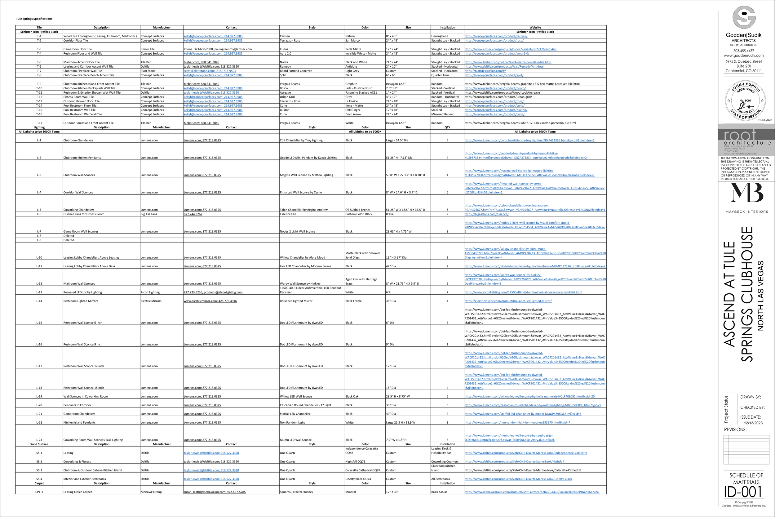 A detailed spreadsheet of specifications for clubhouse fixtures and fixtures at Ascend TULLE, Spring's Clubhouse, including tables, chandeliers, sconces, fans, mirrors, and lighting, with contact info, styles, colors, sizes, and installation details.