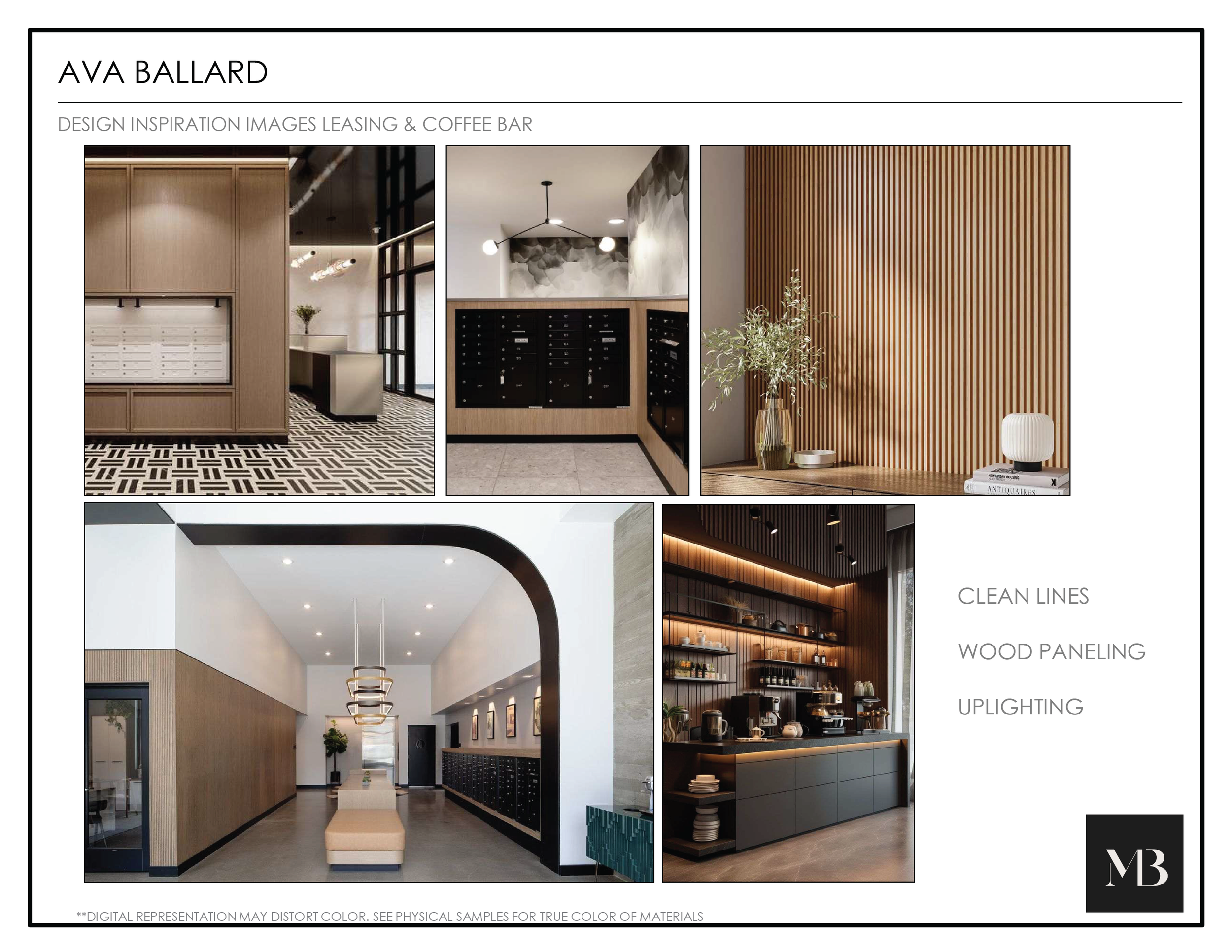 Collage of modern interior design images featuring wood paneling, clean lines, and uplighting in a leasing office and coffee bar setting.