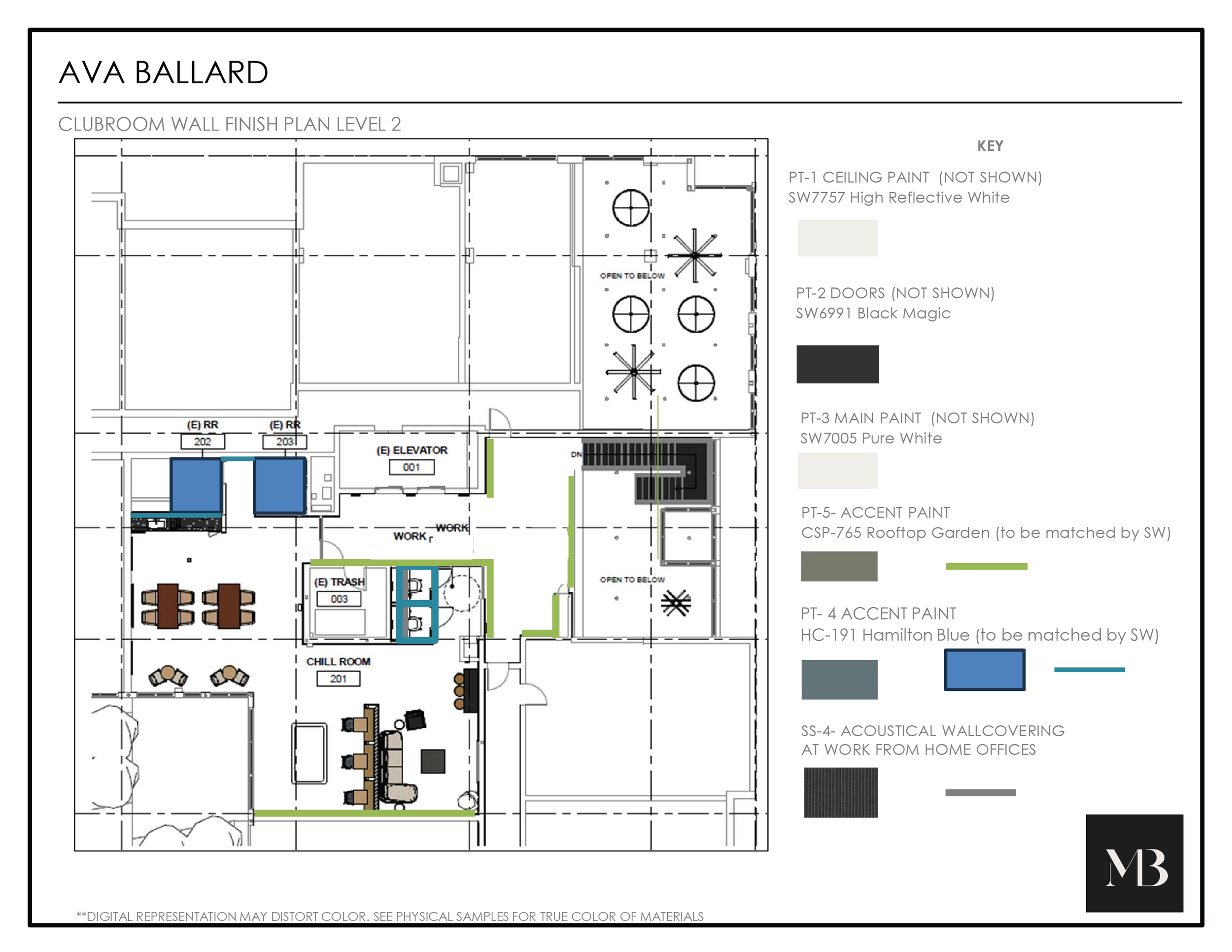 Architectural floor plan for a classroom space labeled 'AVA BALLARD' with color-coded areas and details on wall finishes, doors, paint, and acoustical wallcovering.