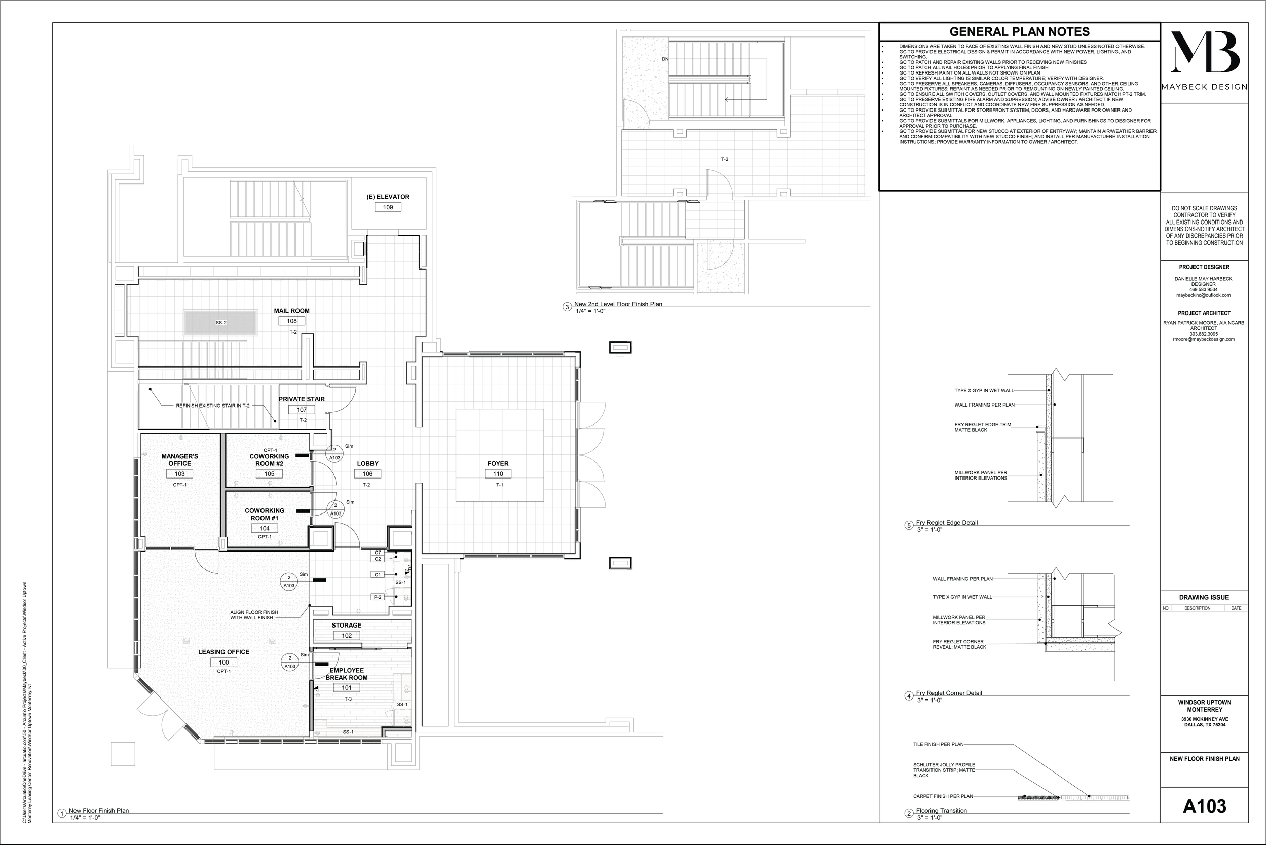 Architectural floor plan of an office space with rooms labeled for storage, employee break room, leasing office, coworking rooms, manager's office, mail room, lobby, foyer, private stair, elevator, and other features. Includes detailed notations and section views.