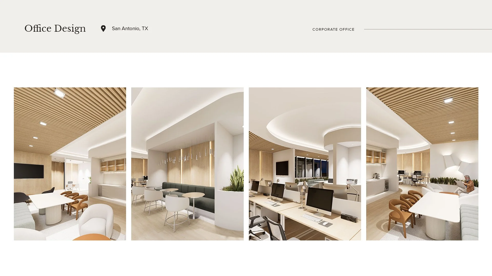 Collage of four images showing an office interior with modern white and wood furniture, ceiling lighting, and a mix of seating areas including chairs, desks, and a lounge area, in a corporate office in San Antonio, TX.