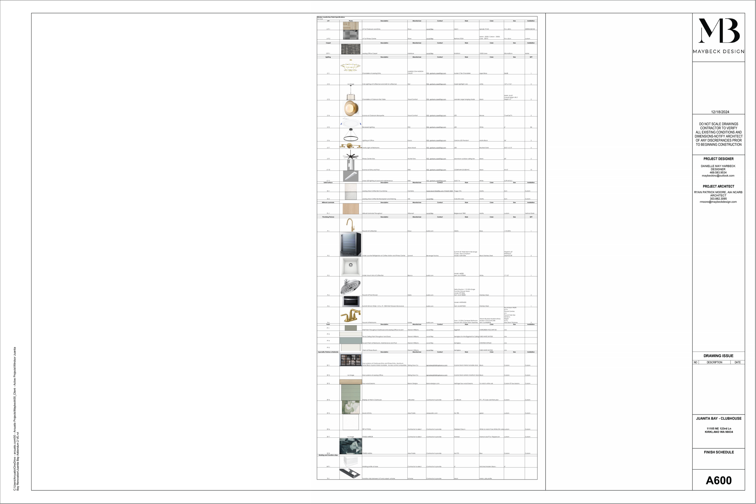 Architectural finish schedule with images and descriptions of materials for a project at Juanita Bay Clubhouse, including cabinetry, countertops, flooring, and fixtures, created by Maybeck Design and Ryan Patrick Moore.