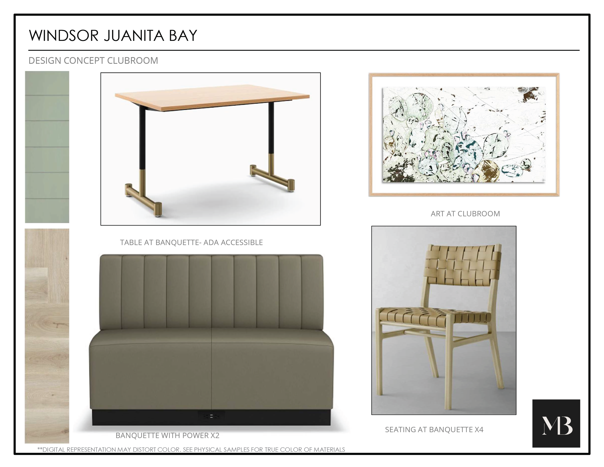 Design concept layout for Windsor Juanita Bay Community Center, including a desk, framed abstract art, banquette seating with power outlets, a woven leather chair, and color palette swatches.