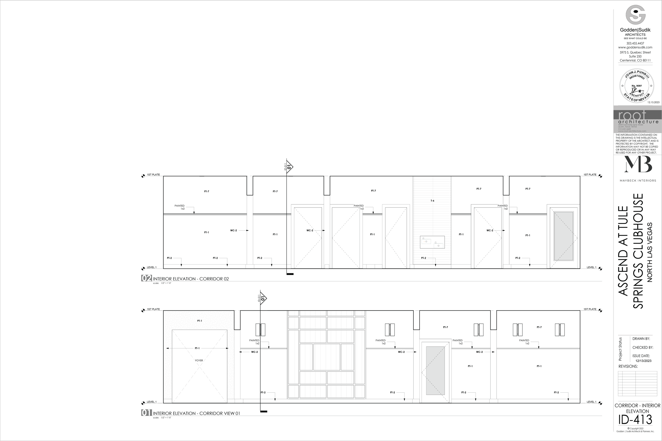 Architectural blueprint of the Ascend Attule Springs Clubhouse in North Las Vegas, showing interior elevation corridor views and details, including walls, doors, windows, and fixtures.