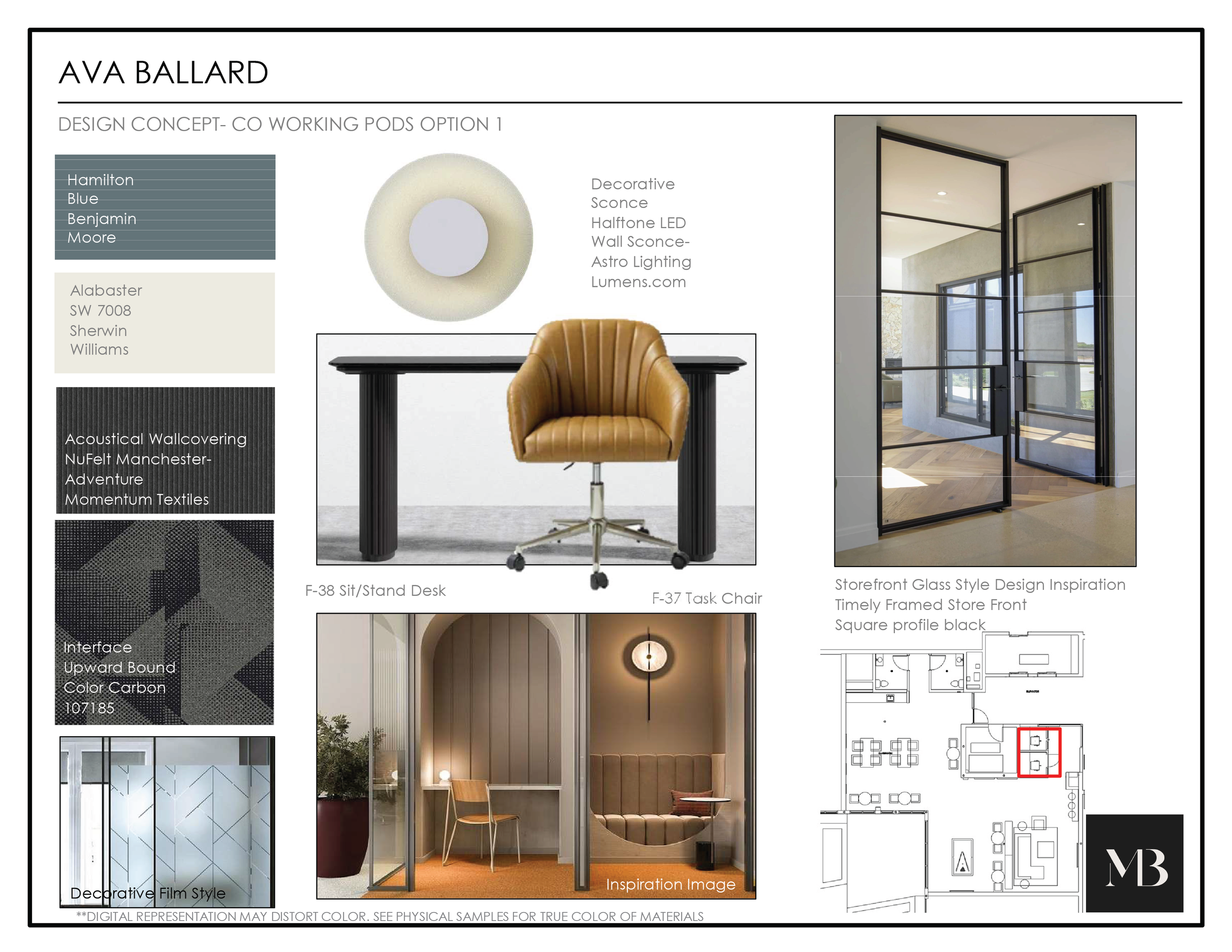 Design concept board for coworking pods featuring a circular ceiling light, a tan leather task chair, a black desk, a glass storefront door, fabric and wall panel samples, and a layout floor plan with a red highlight.
