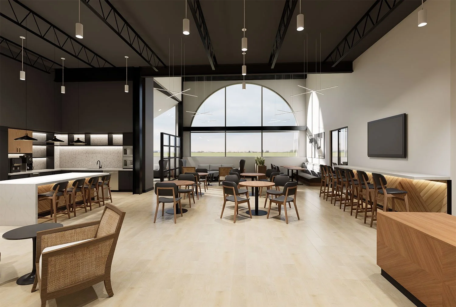 Modern café or lounge area with wooden tables and chairs, bar seating, large arched window letting in natural light, and a TV on the wall.