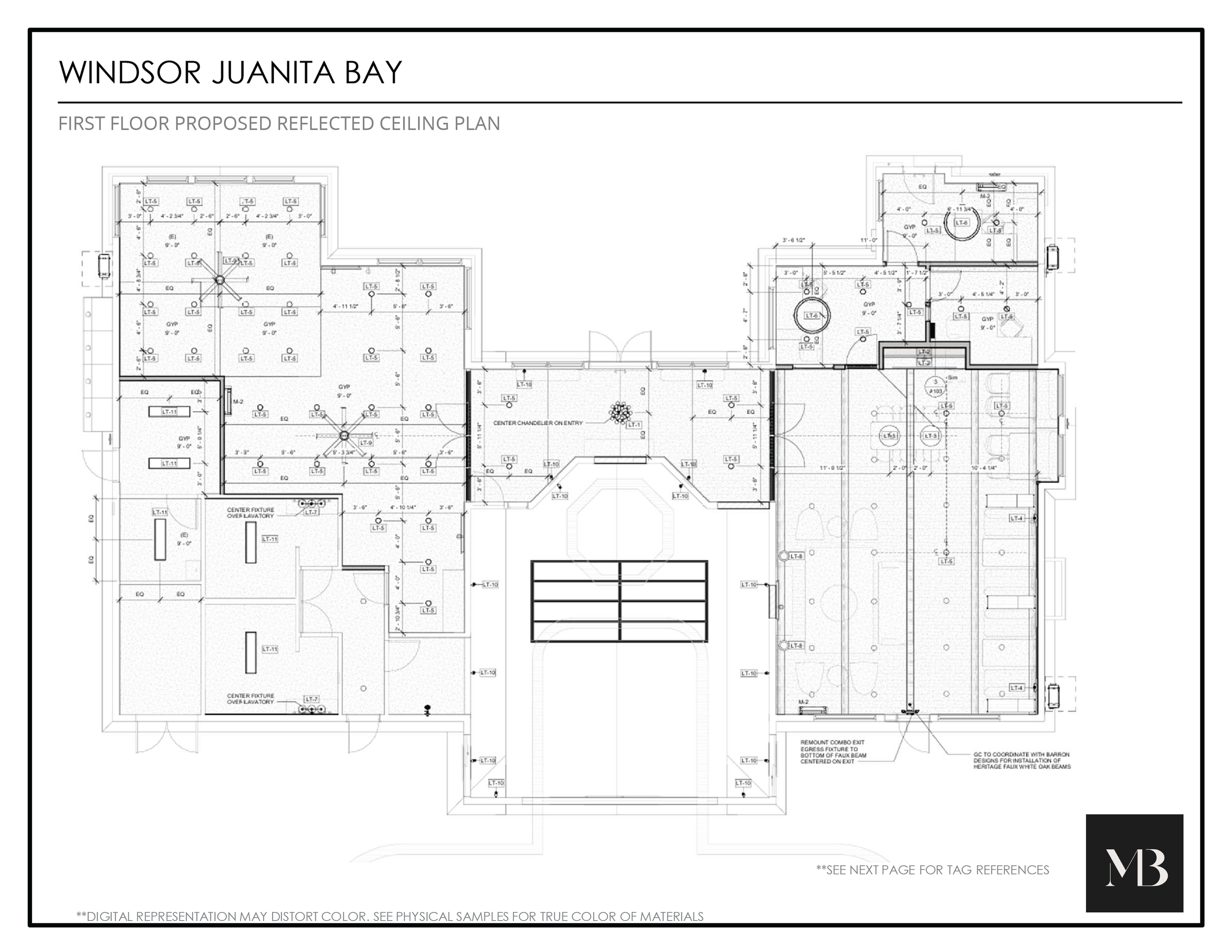 Architectural blueprint of Windsor Juanita Bay first-floor reflected ceiling plan showing room layouts, ceiling fixtures, and ceiling heights.