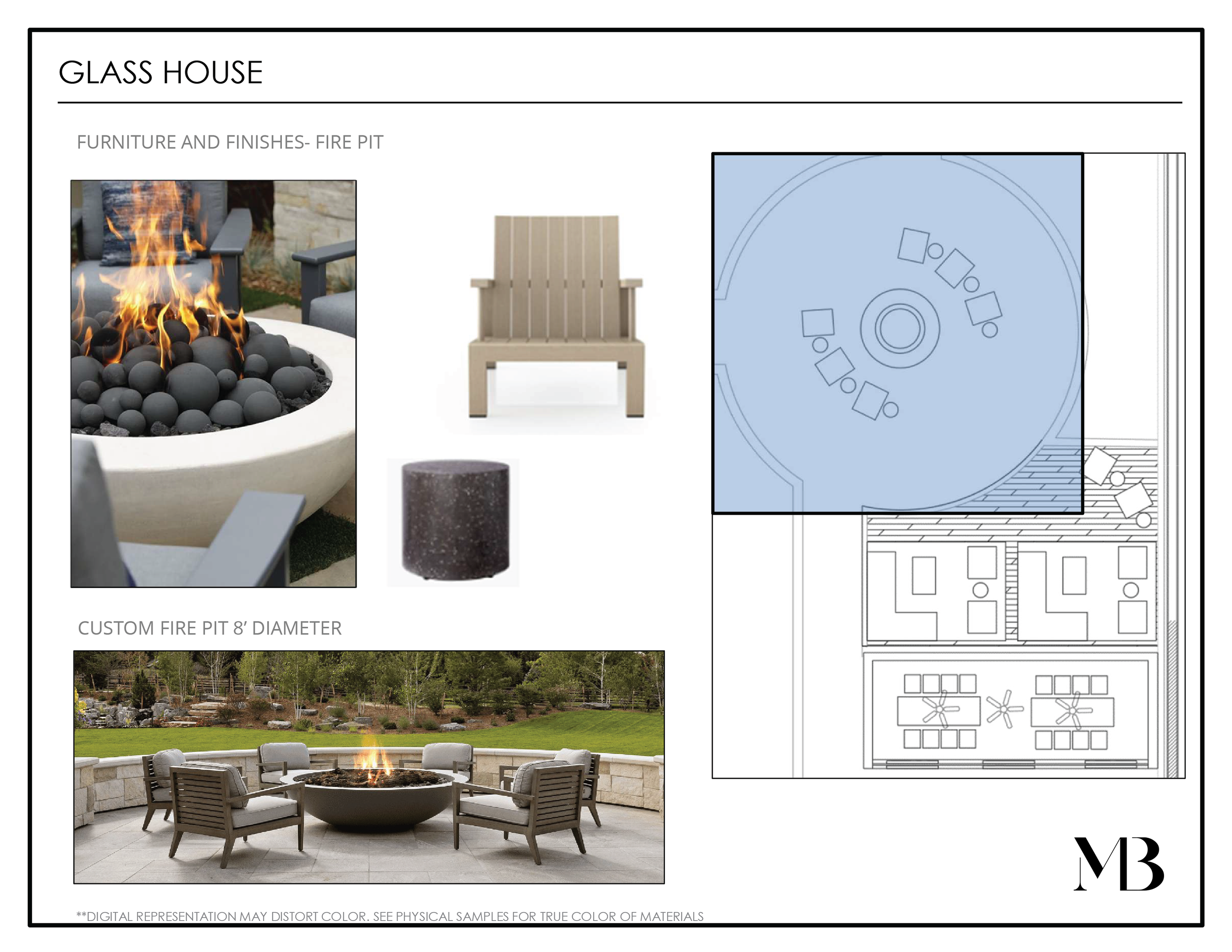 Design plans and images for a glass house featuring fire pit furniture, including a close-up of a fire pit with black stones and flames, a beige outdoor chair, a cylindrical fire pit, and an outdoor seating area with a circular fire pit surrounded by chairs.