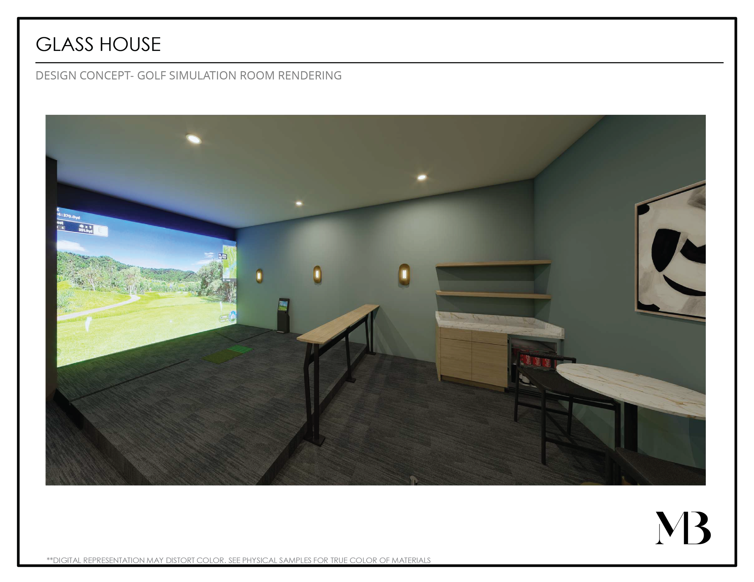Interior design rendering of a golf simulation room with a large virtual golf course display on the wall, lounge seating, shelves, a small counter, and modern lighting.