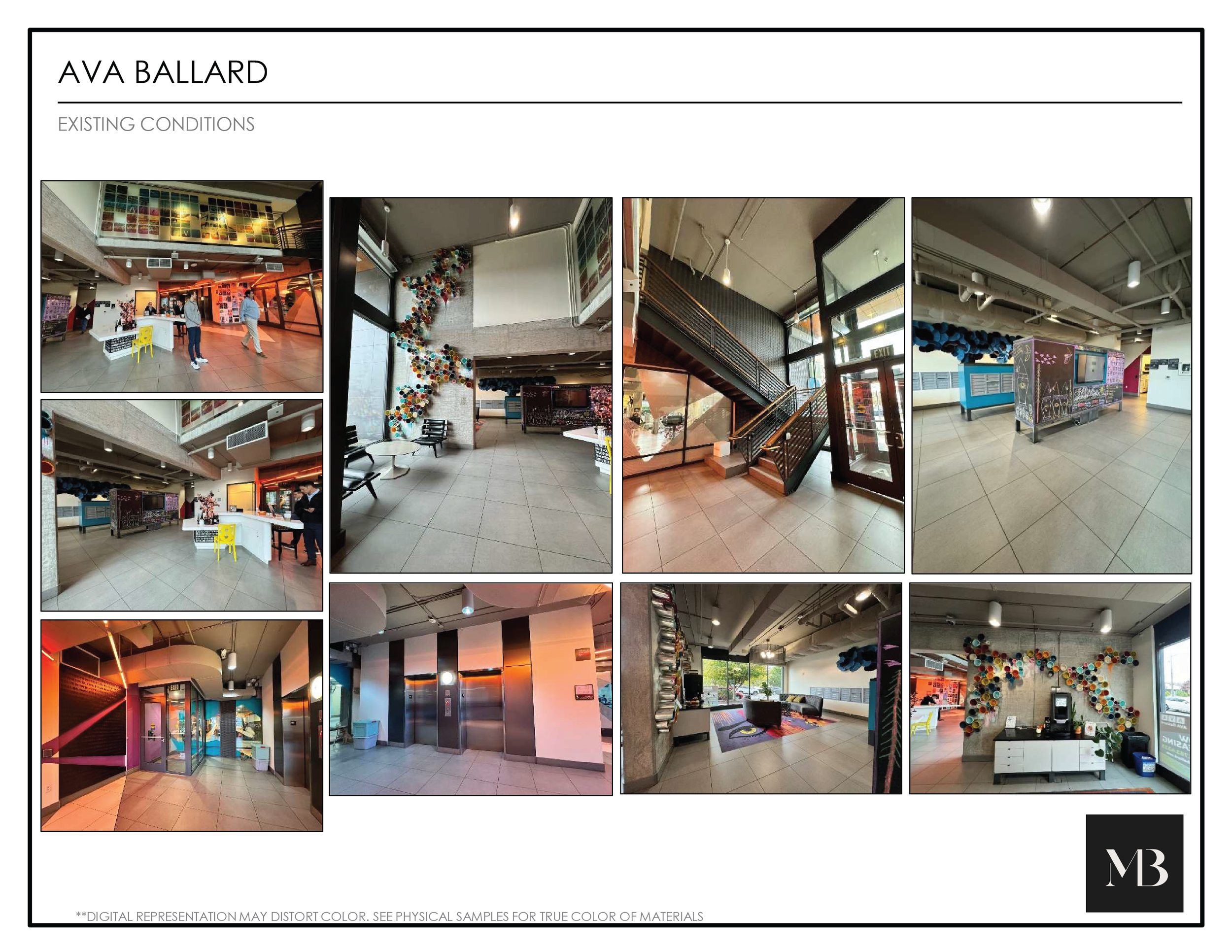 Collage of several interior photos of a modern building, including an art installation, elevator lobby, staircase, lounge area, and reception desk, with the name AVA BALLARD at the top and the initials M3 at the bottom right corner.