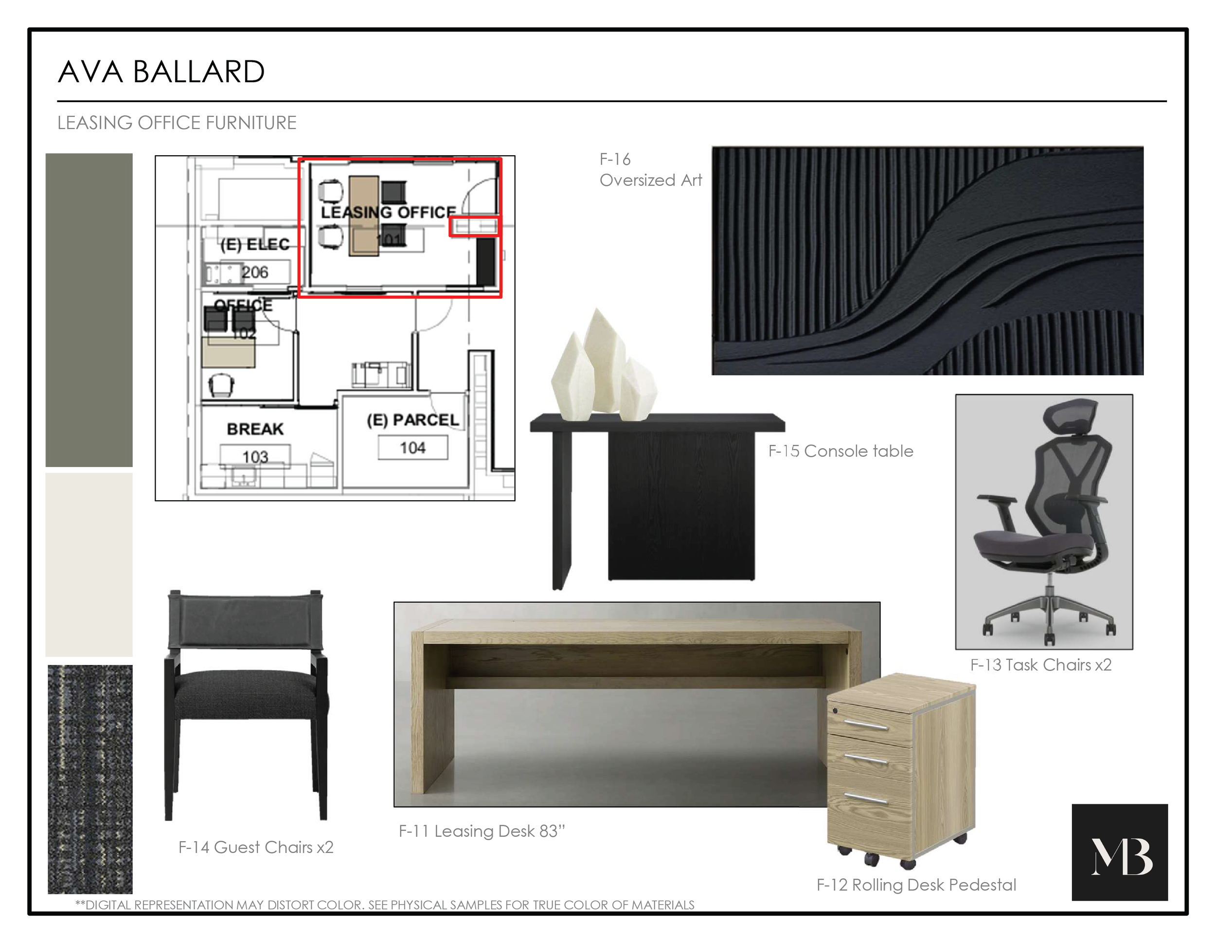 Furniture and interior design layout for leasing office by Ava Ballard, including a leasing desk, guest chairs, task chairs, a rolling desk pedestal, decorative art, and a floor plan of the office space.