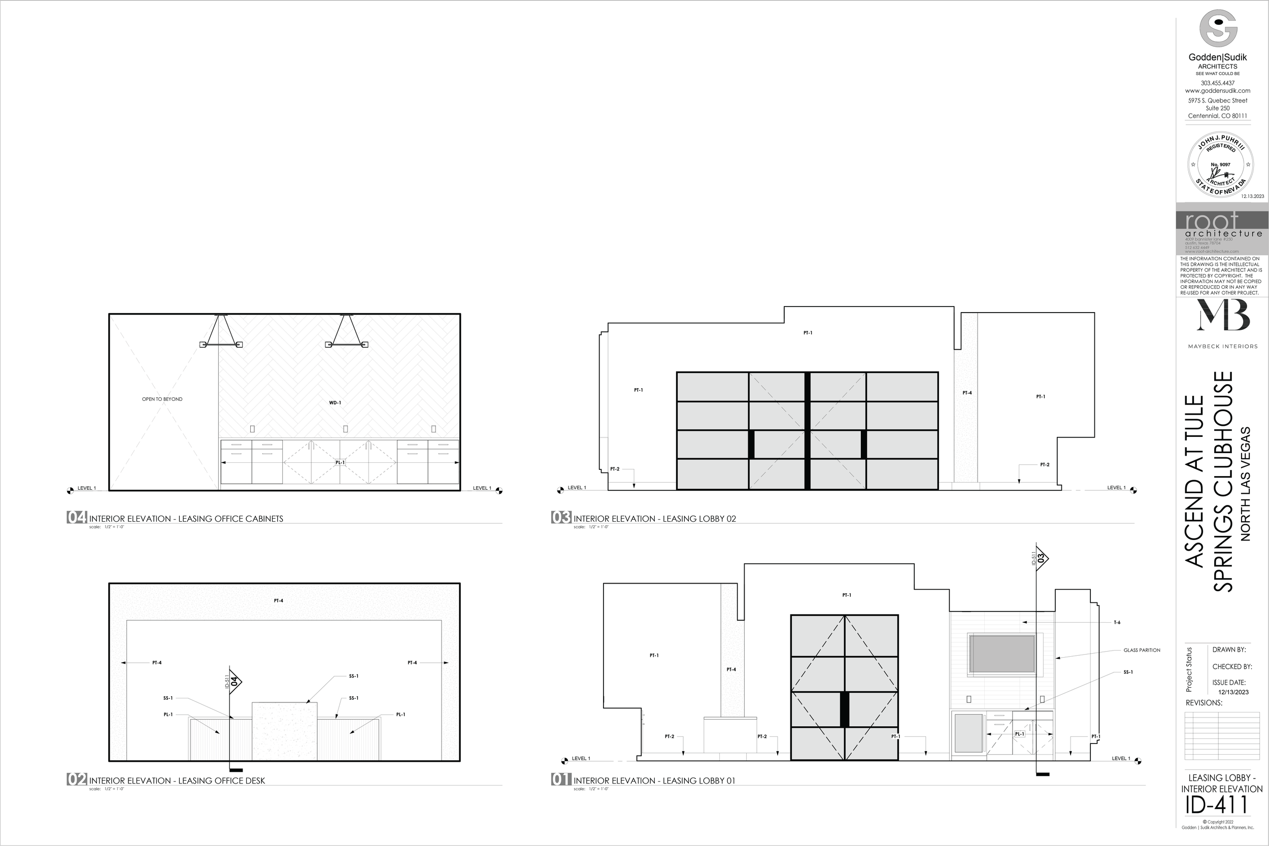 Architectural blueprints for the Ascend Attule Springs Clubhouse in North Las Vegas, including interior elevations of leasing office cabinets, lobby, and desk.
