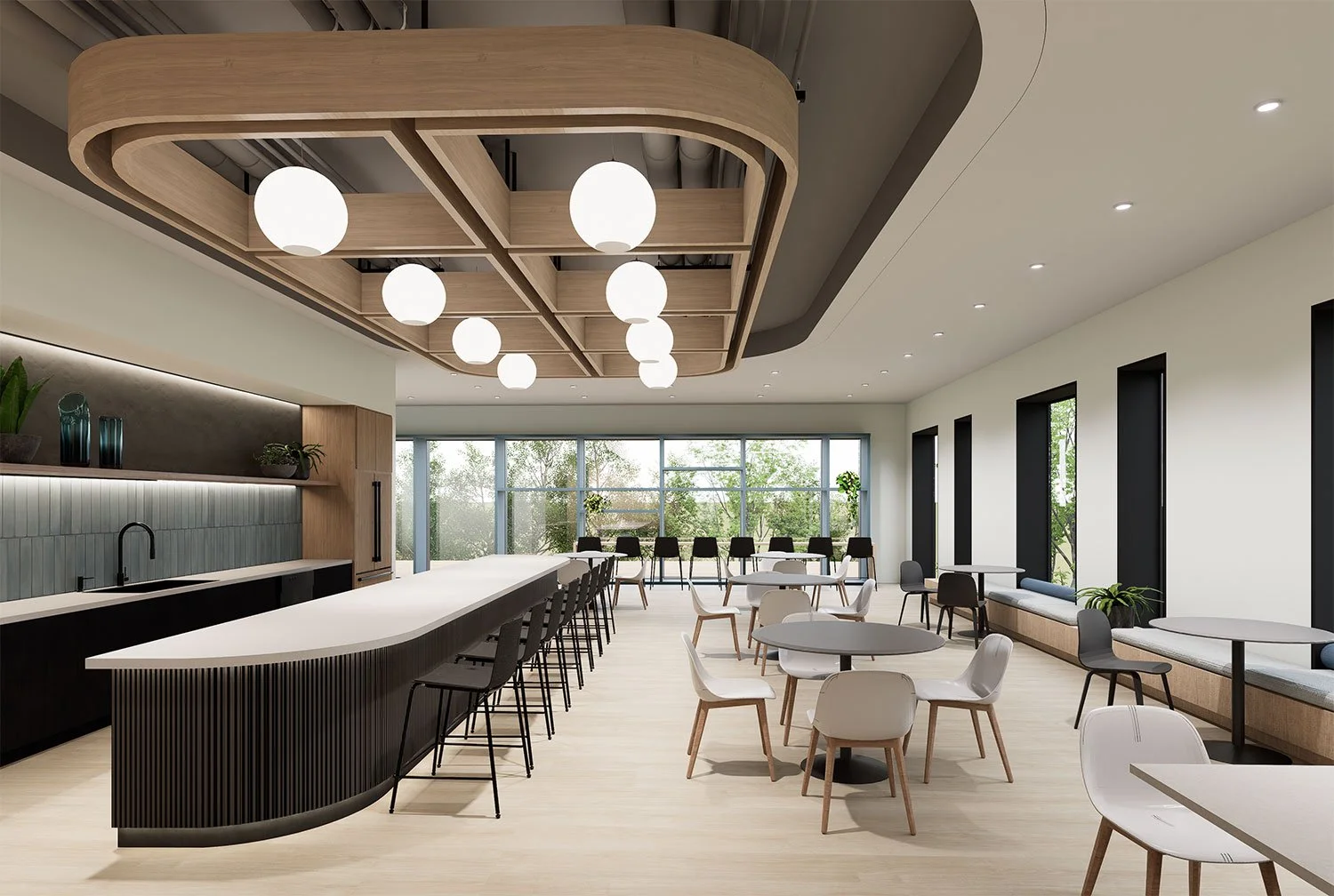 Modern restaurant or cafe interior with white walls, large windows, black and white chairs, round tables, a bar with black stools, and a decorative wooden ceiling structure with hanging white globes lights.