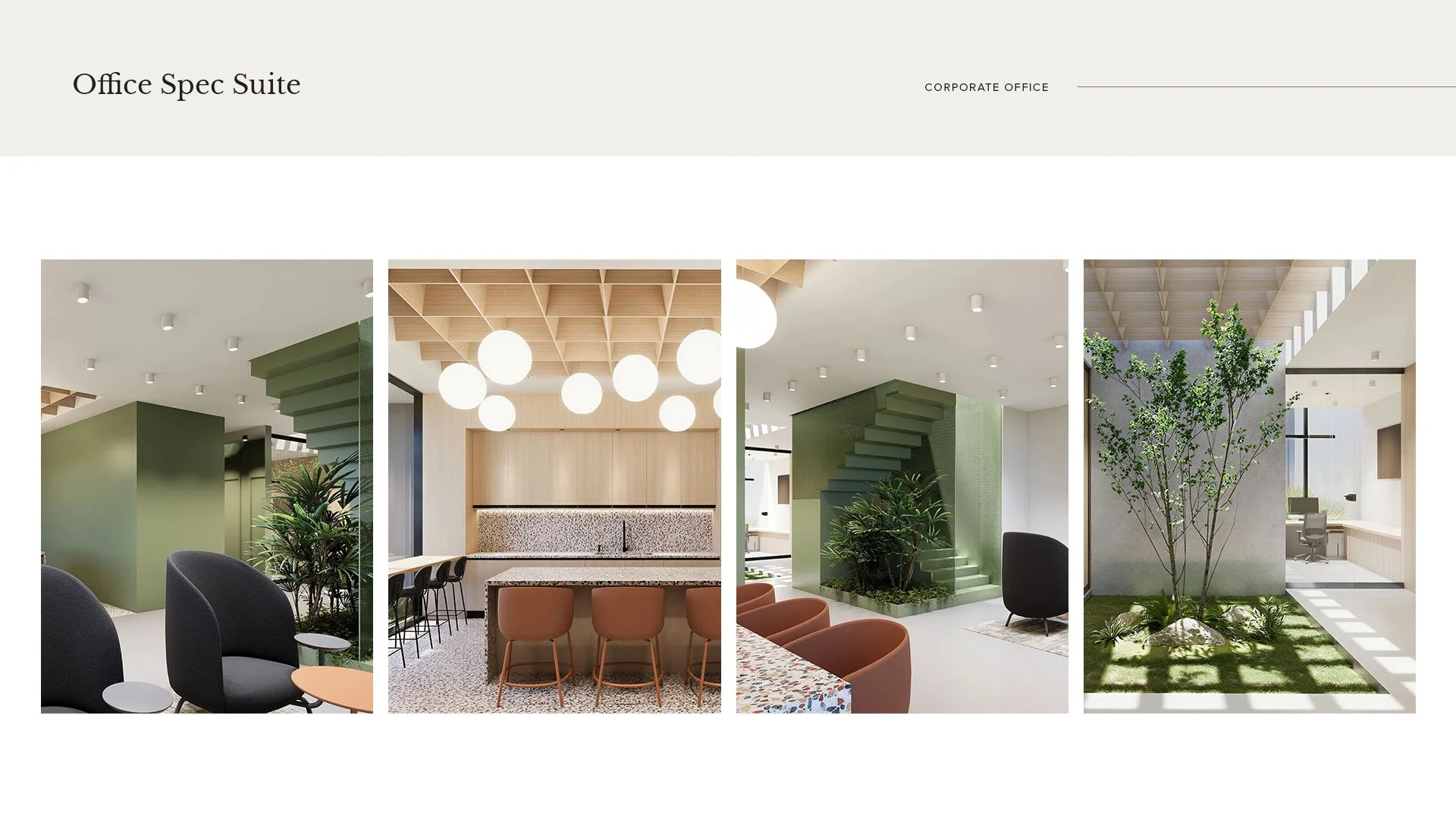 Collage of four images showcasing modern office interior designs with greenery, wooden accents, and contemporary furniture.