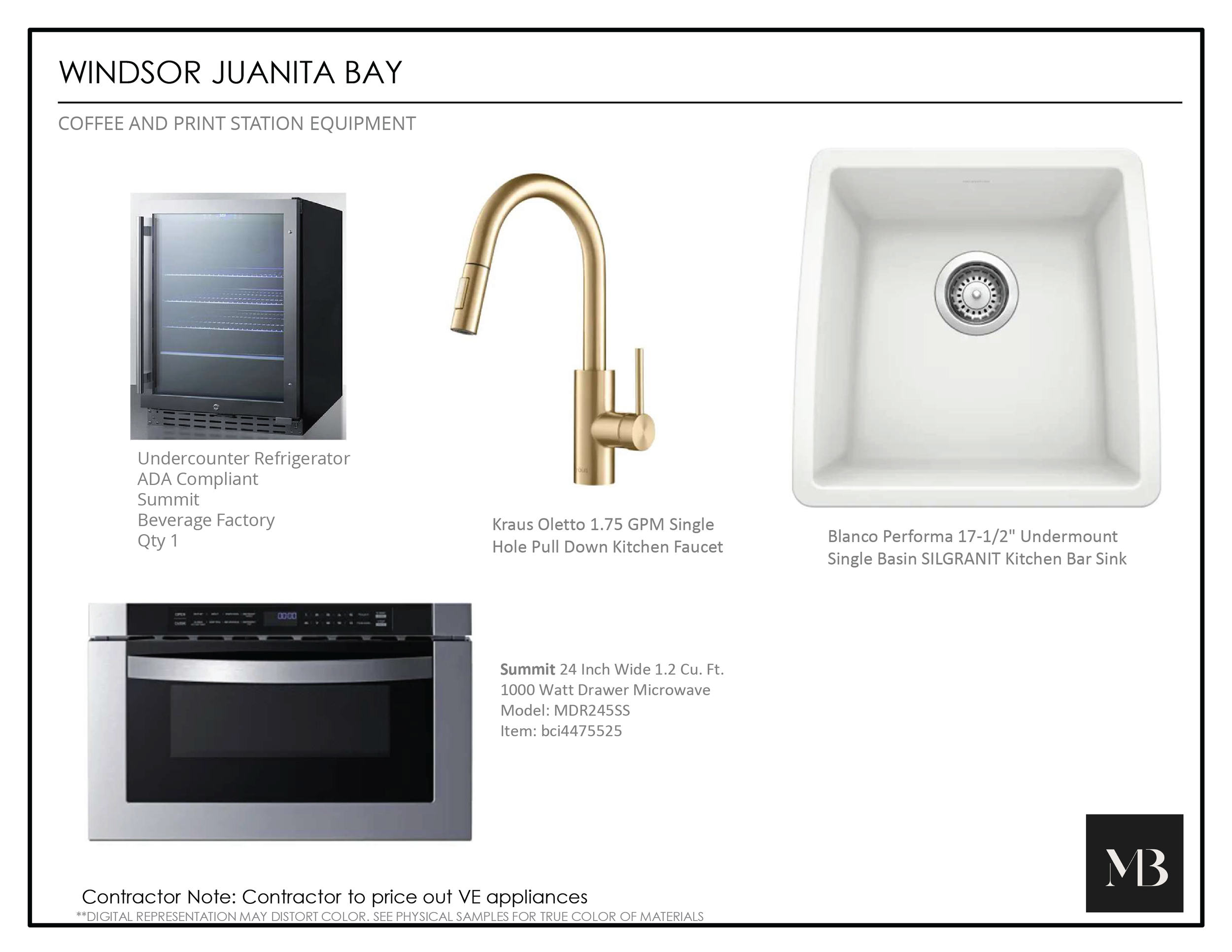 Product sheet for Windsor Juanita Bay displaying a beverage refrigerator, a gold kitchen faucet, a white undermount kitchen sink, and a microwave oven with descriptions.