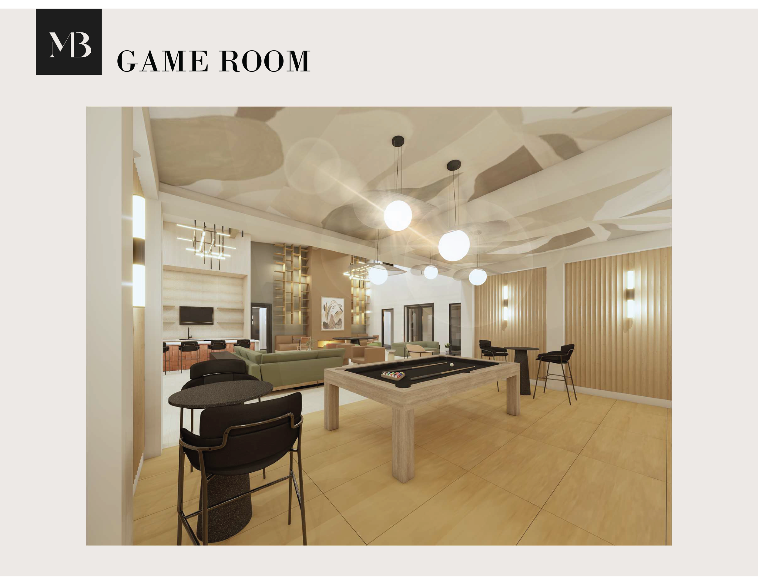 Interior of a modern game room with a pool table, seating area, bar, and contemporary lighting and decor.