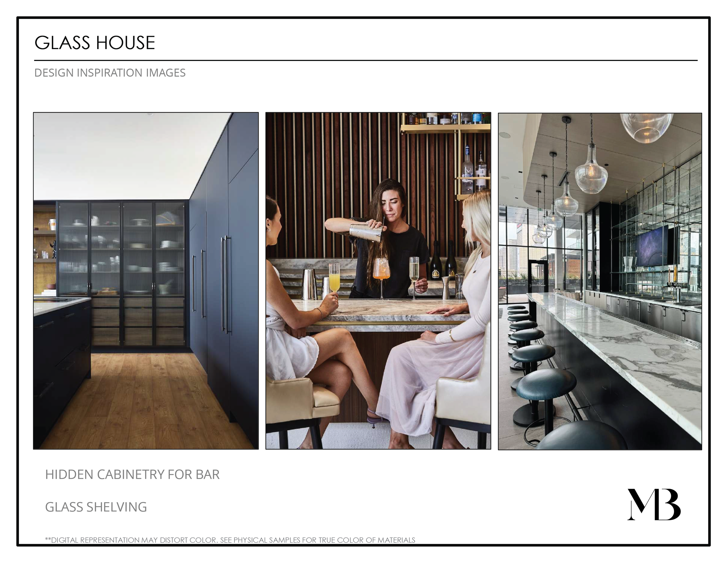 Three design images: left shows a hidden cabinetry with glass doors in a kitchen, middle shows a bartender pouring drinks for women at a bar, right shows a modern kitchen or bar area with glass shelving and black seating.