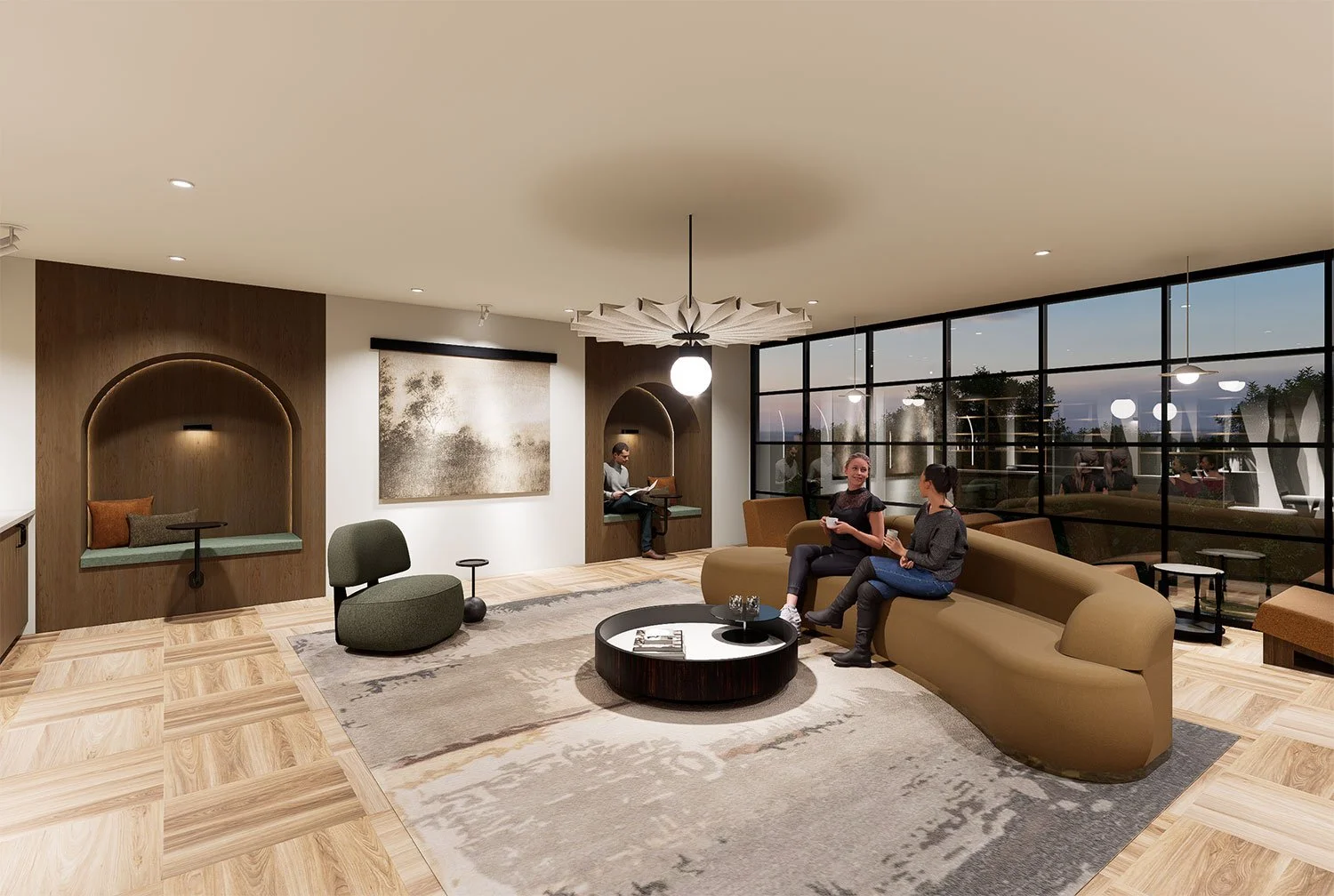 Modern hotel lobby with natural wood flooring, large windows showing trees outside, and minimalistic furniture. Three people are sitting on a curved beige sofa, talking, with a round coffee table in front. Two alcoves with seating and a man working o