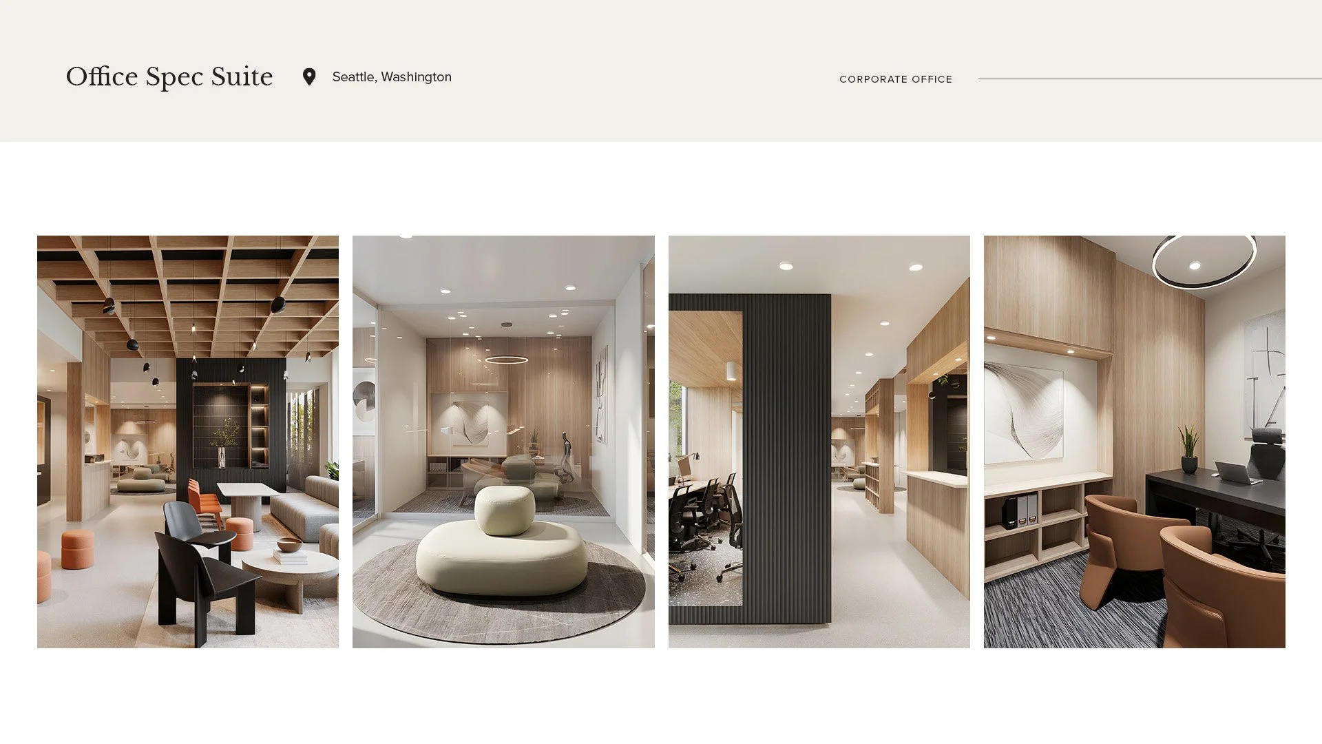 Interior views of a modern office space with minimalist design, light wood furniture, and neutral color palette.