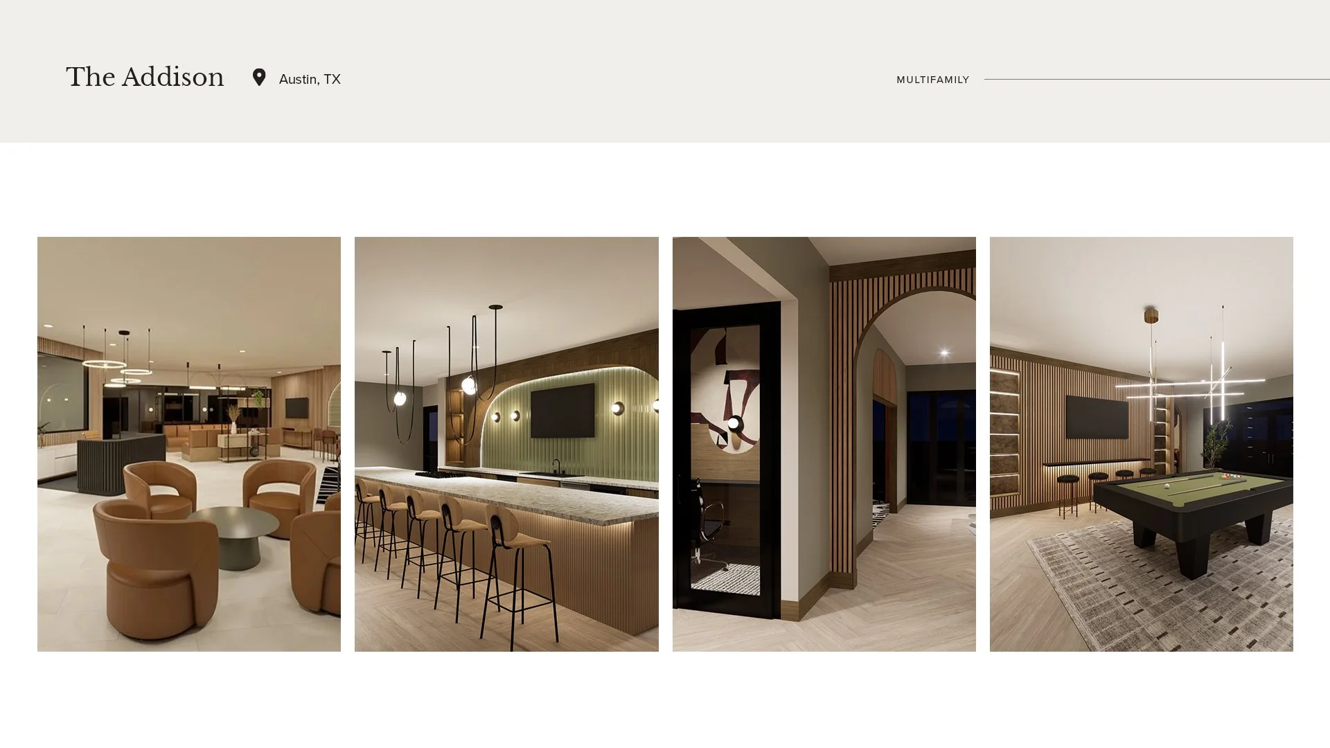 Interior views of a modern upscale residential common area or clubhouse with seating, a bar, a hallway, and a game room with pool table, featuring contemporary design and neutral tones in Austin, Texas.