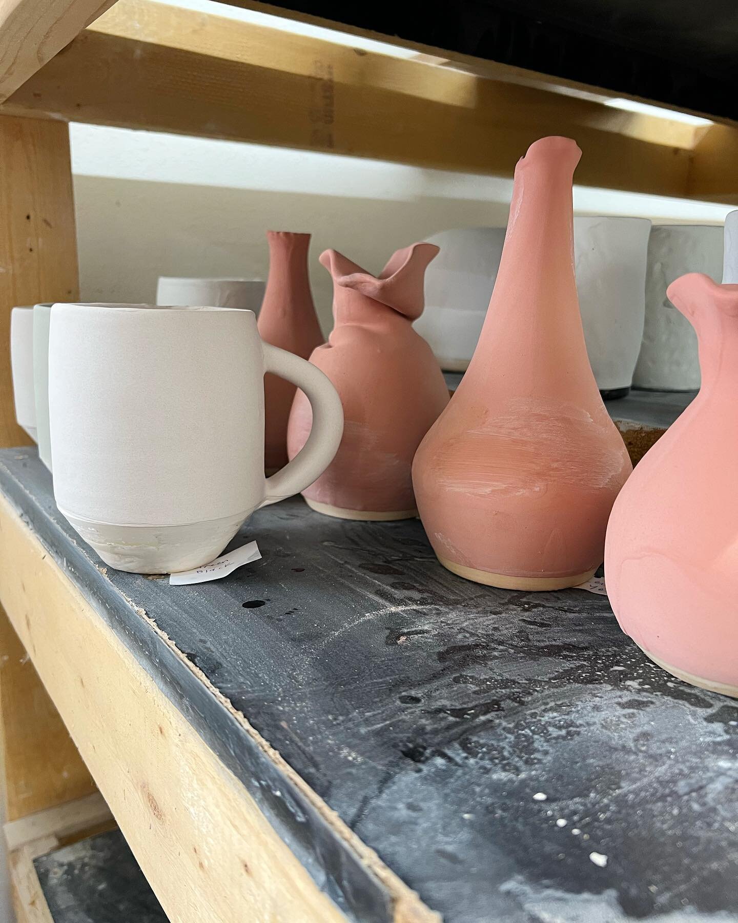 A progress pic featuring all the work I made since early January: 1 cup, 3 mugs, and 4 vases. 

It&rsquo;s not even close to my usual level of production, but getting used to a new house, a new city, a new studio, new clays, and new glazes takes more