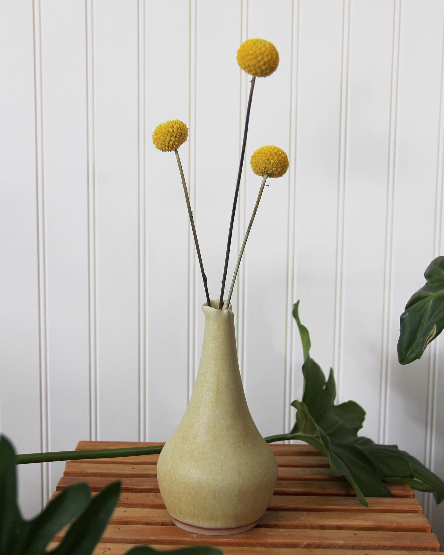 Bud vase in a matte yellow glaze with some subtle speckling and golden hues. 

At first I didn&rsquo;t love how this glaze turned out, but it&rsquo;s been growing on me. It&rsquo;s giving Easter/Spring decor 🌼
.
.
.
#pottery #budvase #easterdecor