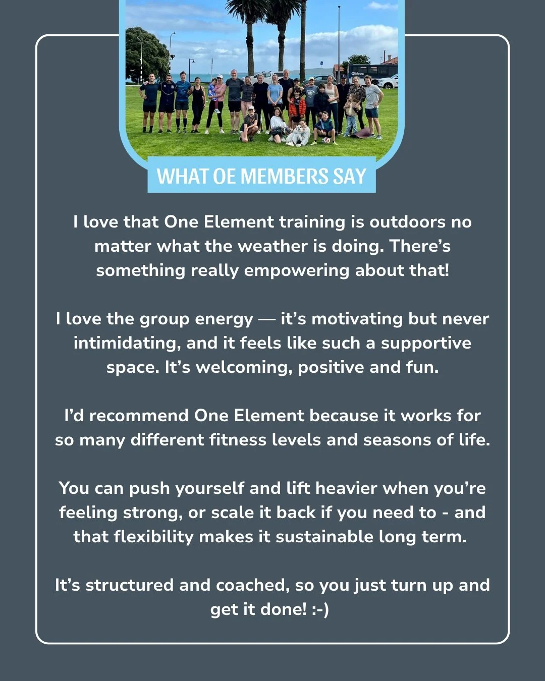 This is what One Element is all about. 🤍

Showing up whatever the weather, moving your body through structured, results-driven training, being supported by a brilliant group of people doing the same &mdash; and choosing your intensity in a way that 
