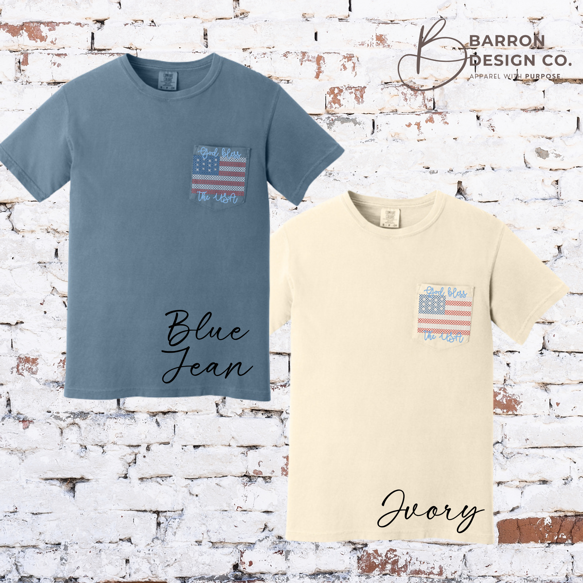 God Bless the USA Cross stitch Flag -Pocket Tee