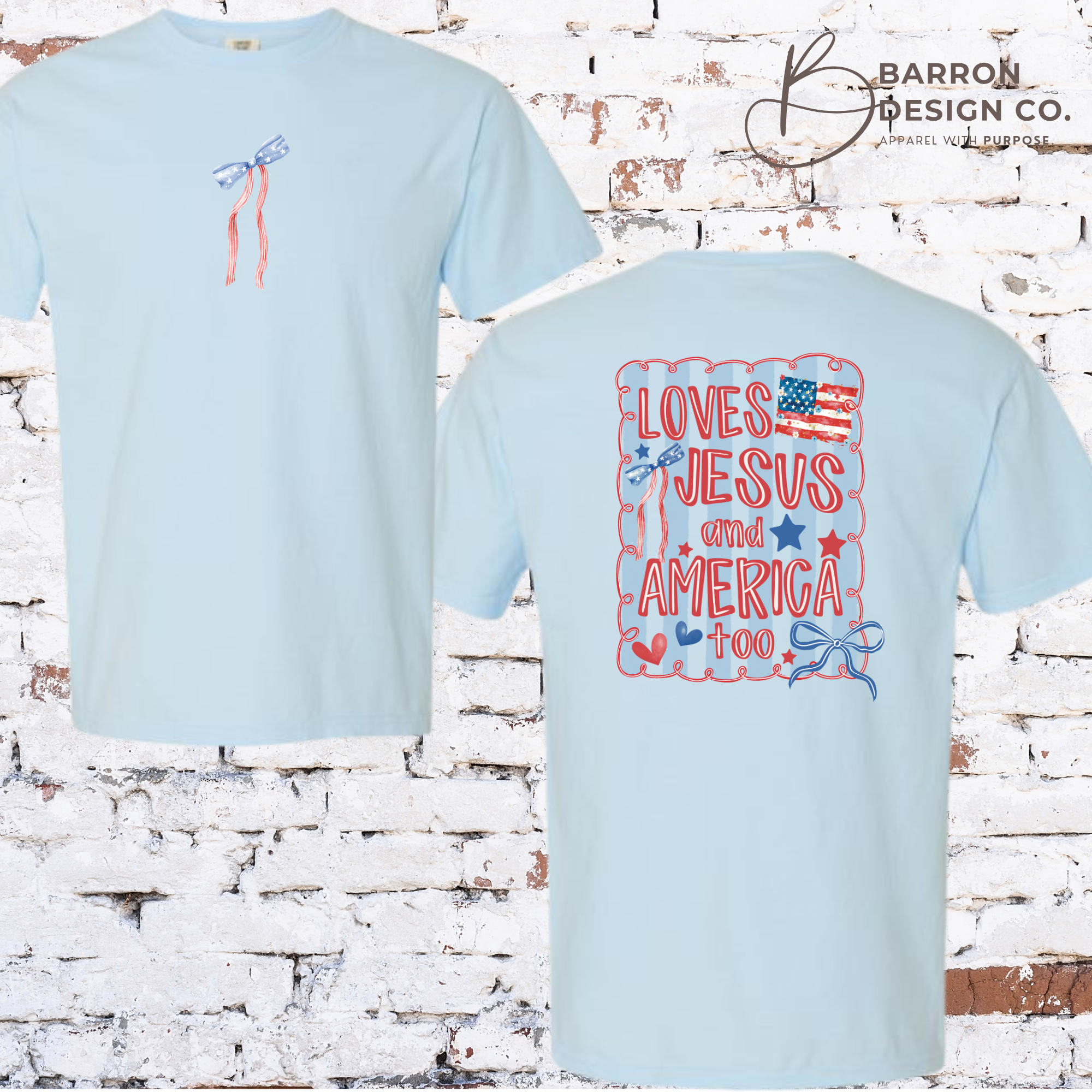 Loves Jesus & America Too – Patriotic Faith Bow Graphic Tee