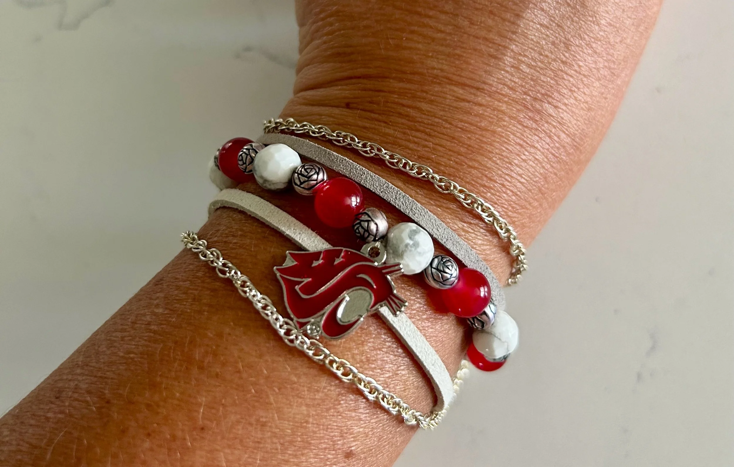 7” Sterling Silver/14k gold/faux leather/glass beaded WSU