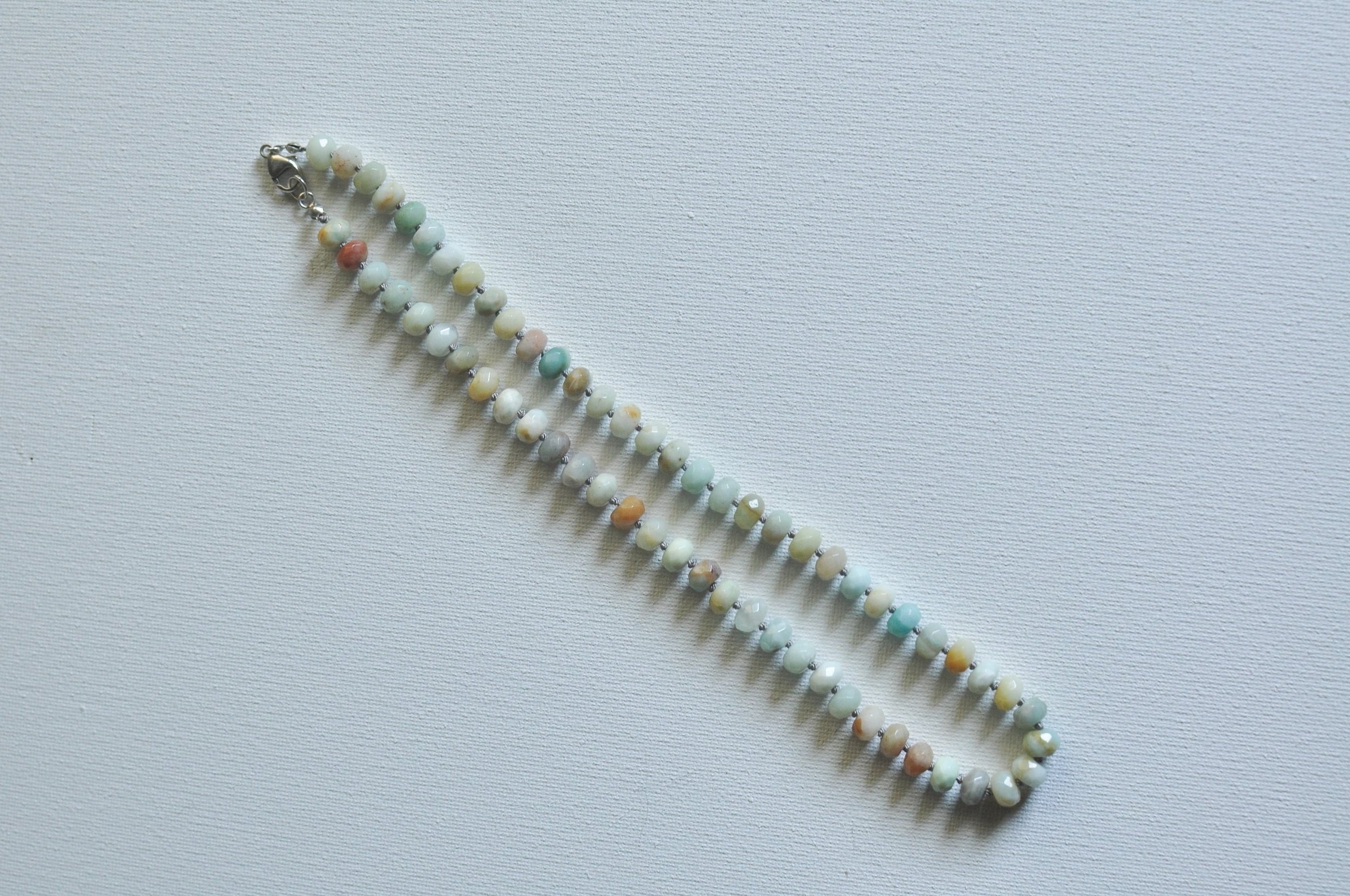 necklace made of semiprecious gemstone mixed amazonite hand knotted with silk thread