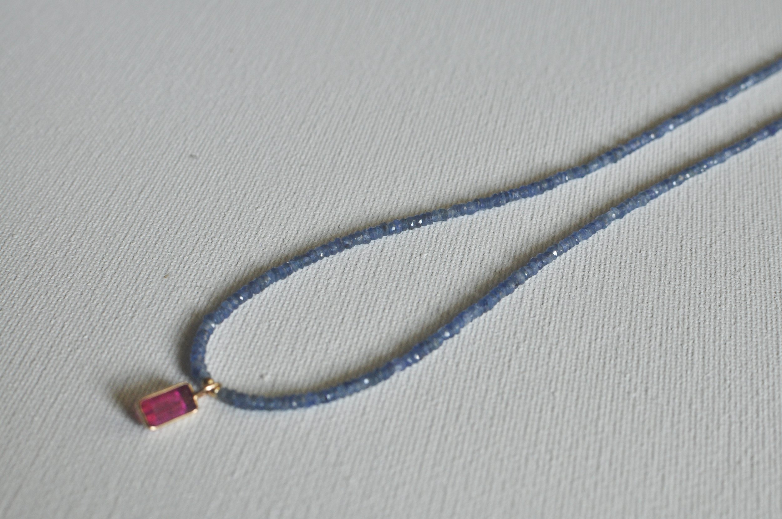 handmade necklace of precious gemstone sapphire with pink tourmaline and 14k gold pendant