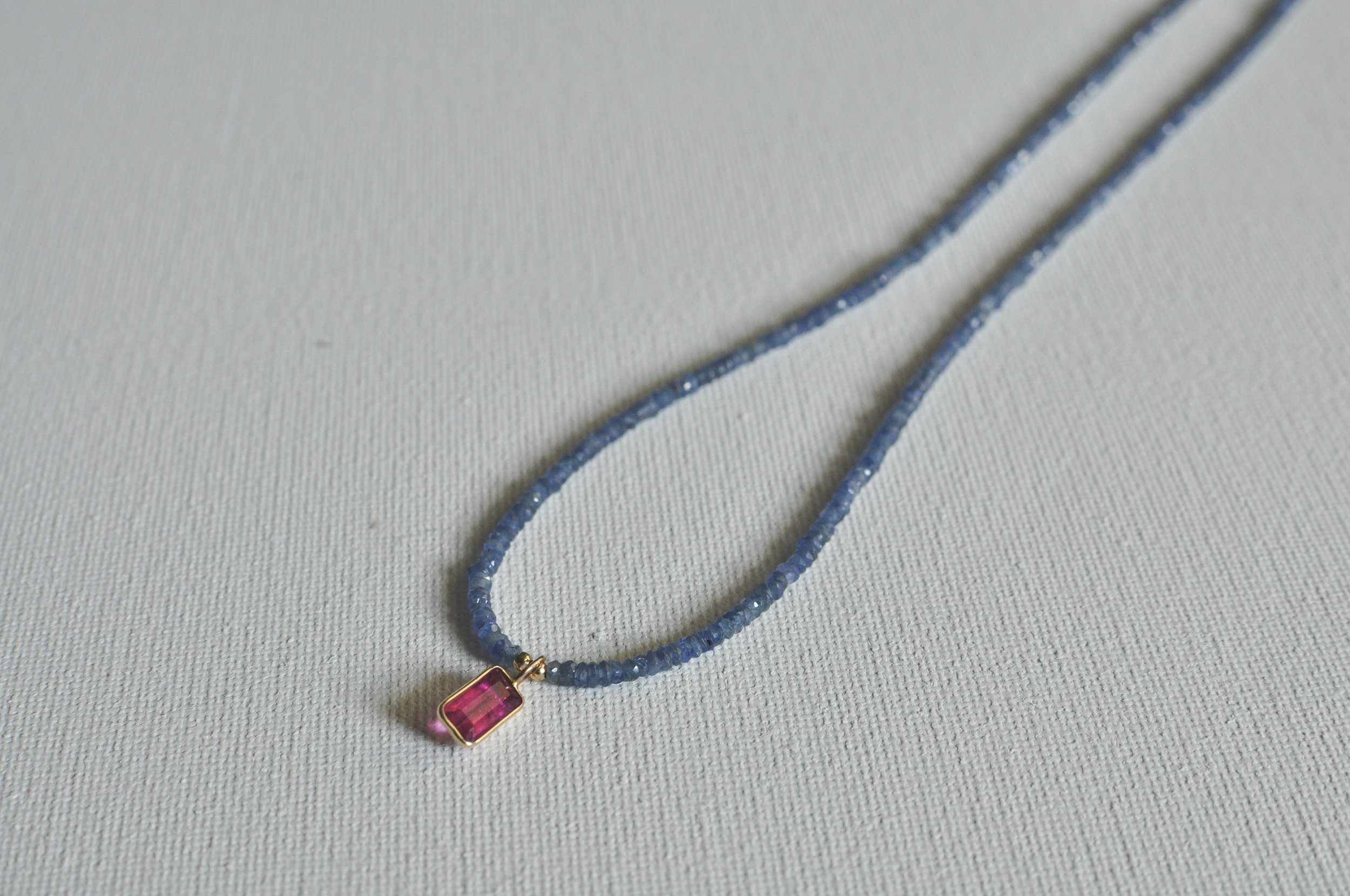 handmade necklace of precious gemstone sapphire with pink tourmaline and 14k gold pendant