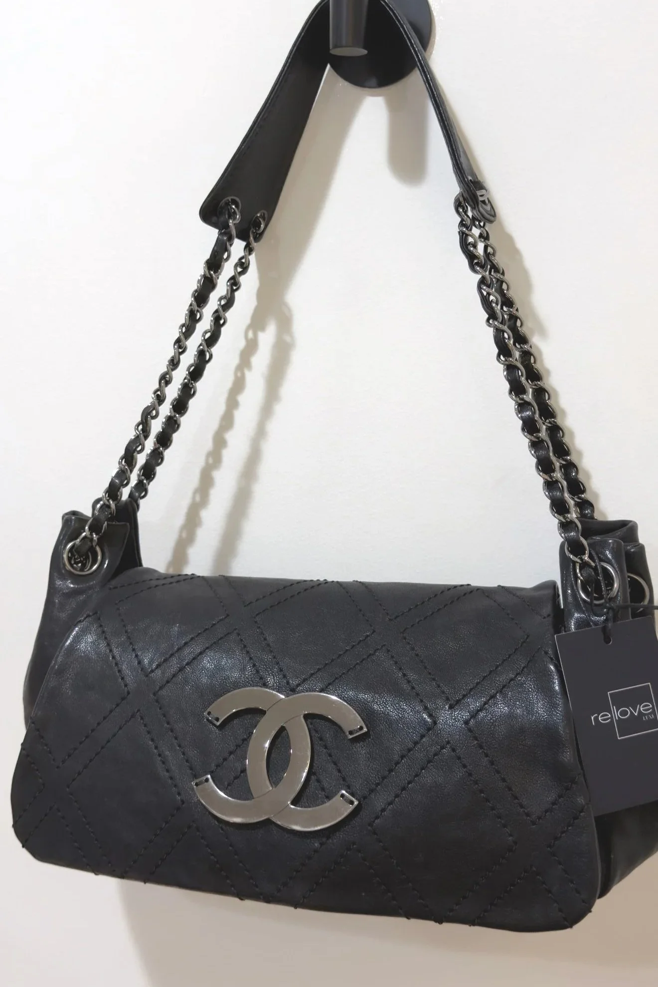 CHANEL - Vintage Double Diamond Stitch Shoulder Bag, Black