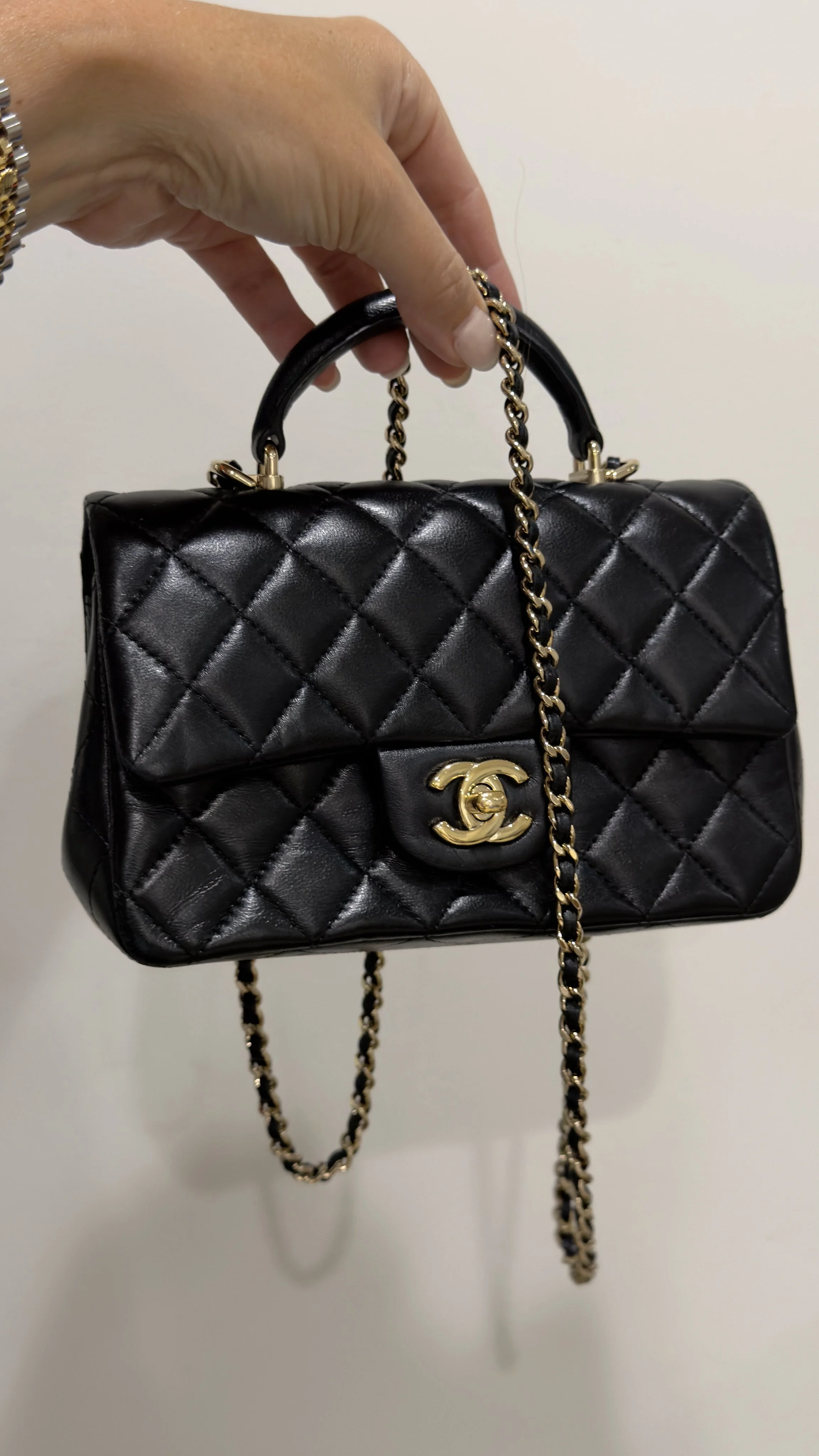CHANEL - Mini Classic with Top Handle, Black/Gold
