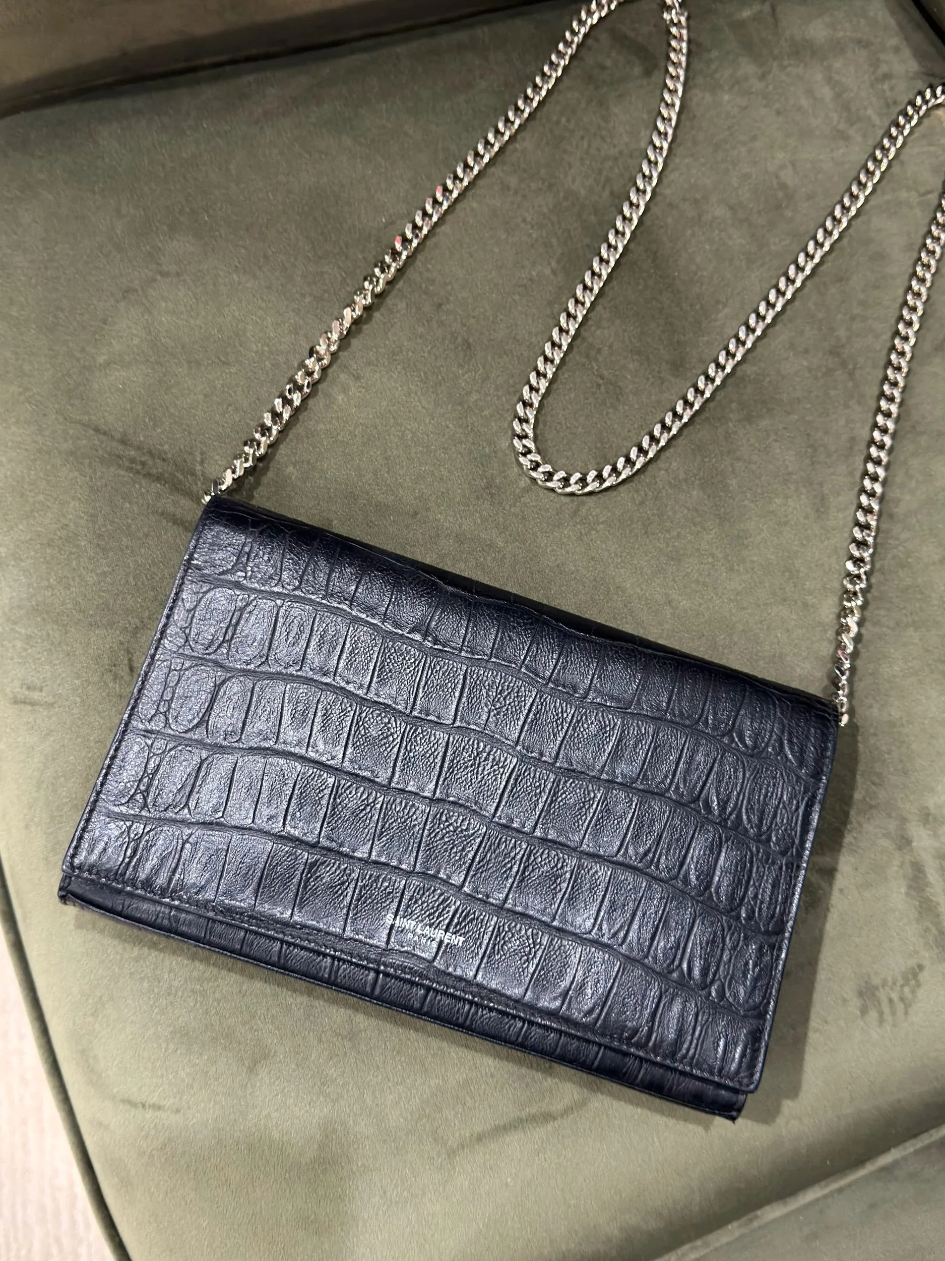 SAINT LAURENT - 2015 Embossed Croc Wallet on Chain, Black/Silver