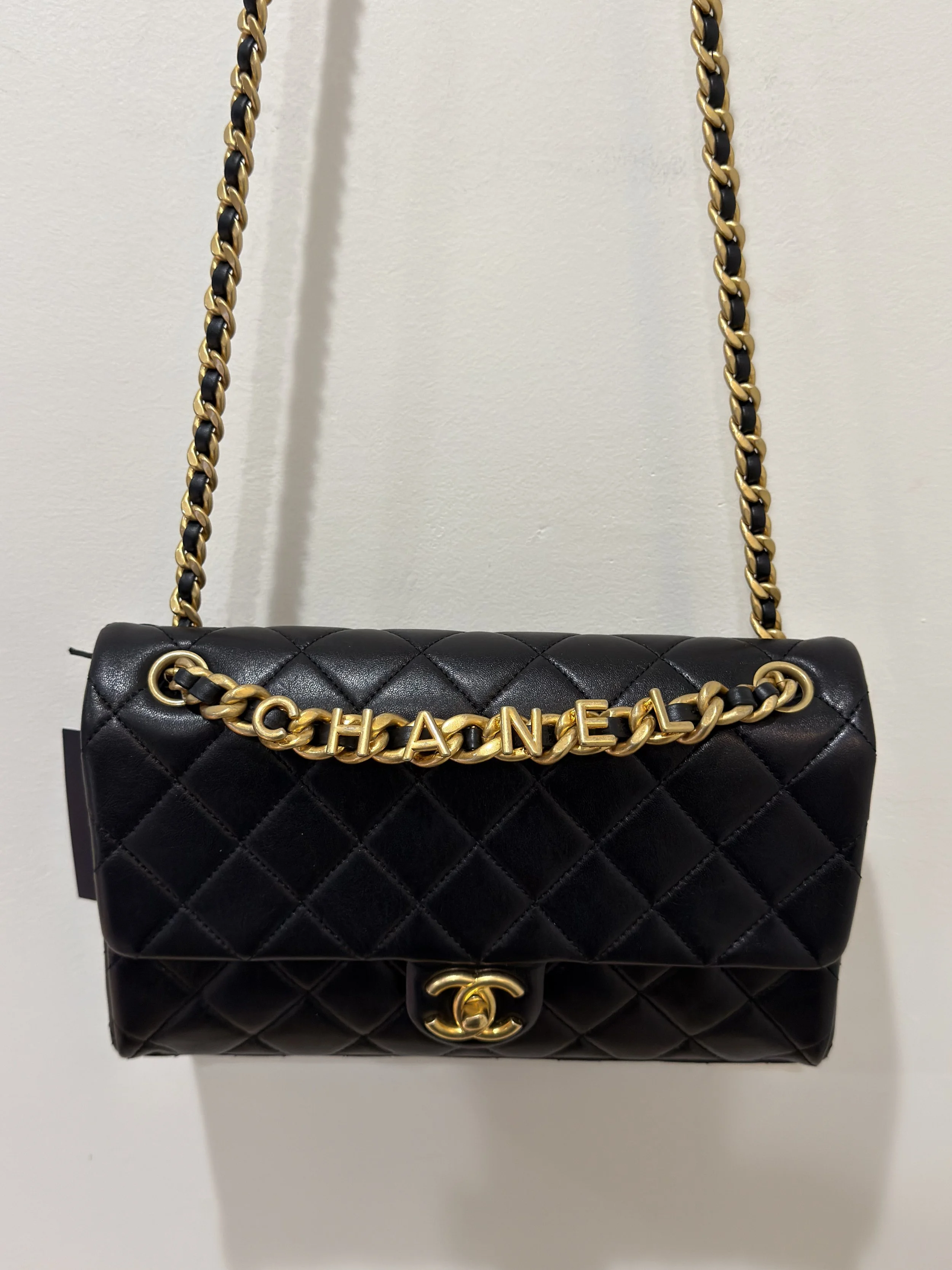 CHANEL - Logo Letter Flap Bag, Black/Gold
