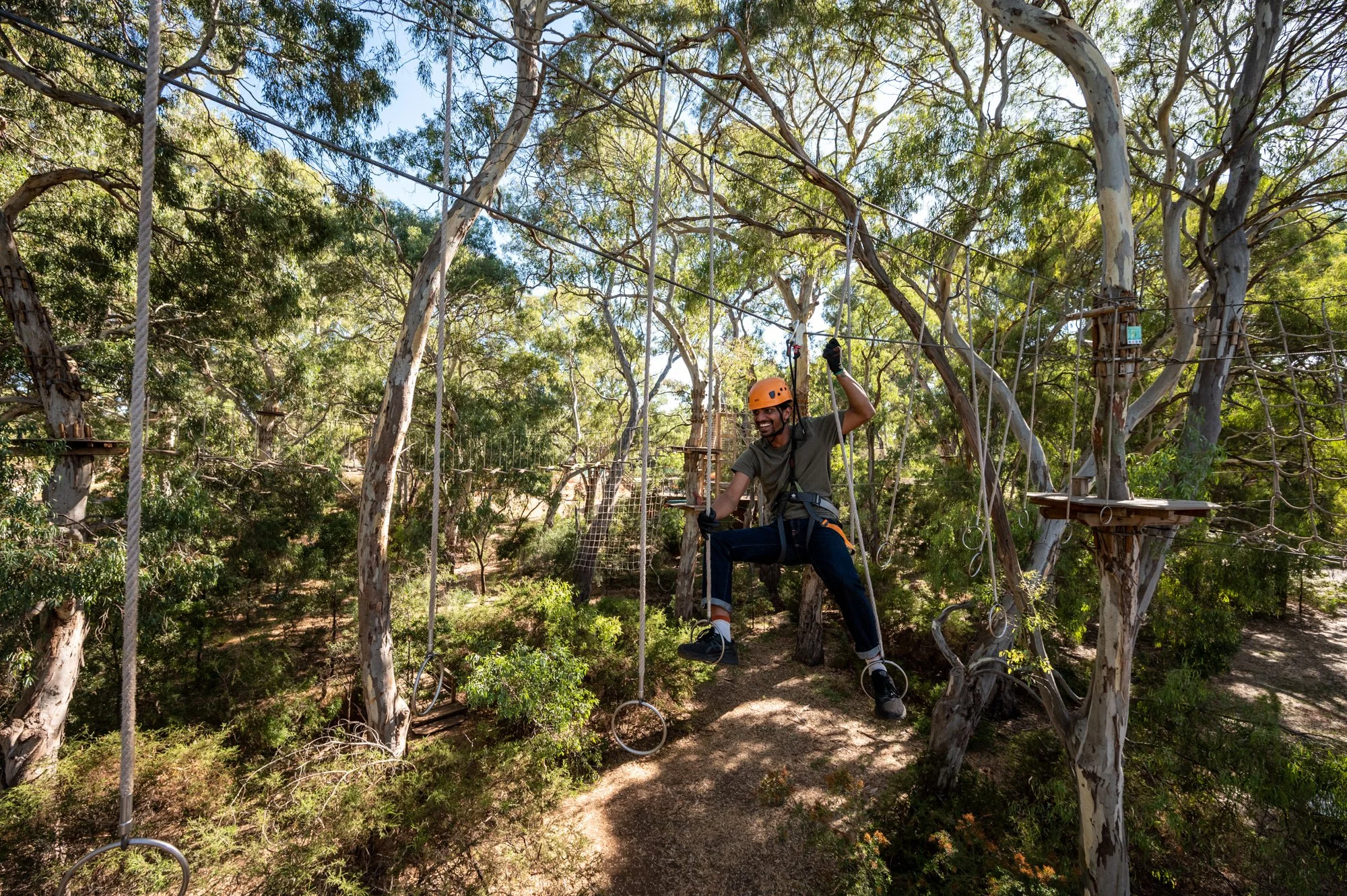 Person in helmet and harness on a ropes course in a forest