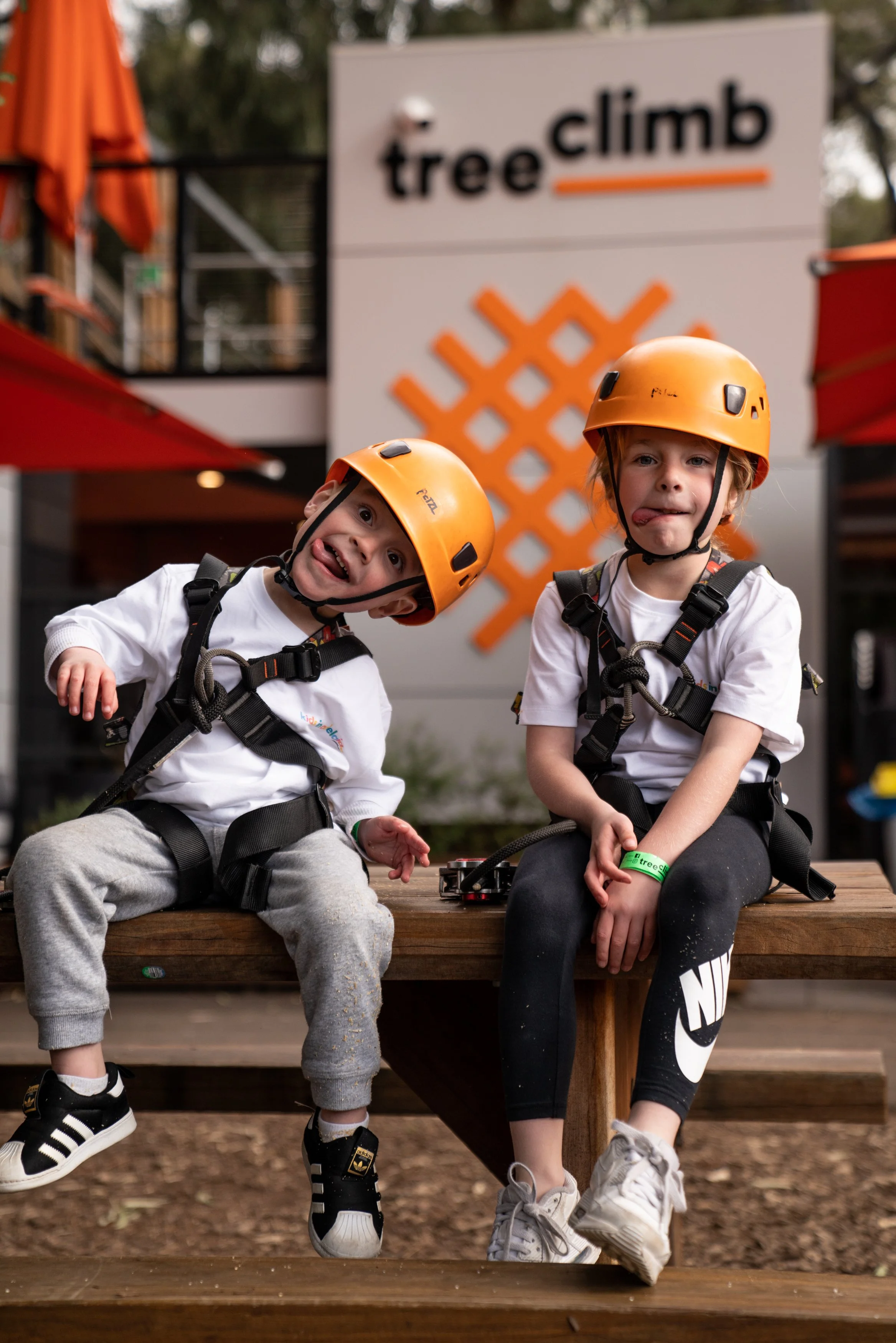 Two children wearing orange helmets and harnesses, sitting on a wooden bench, with a "treeclimb" sign in the background.