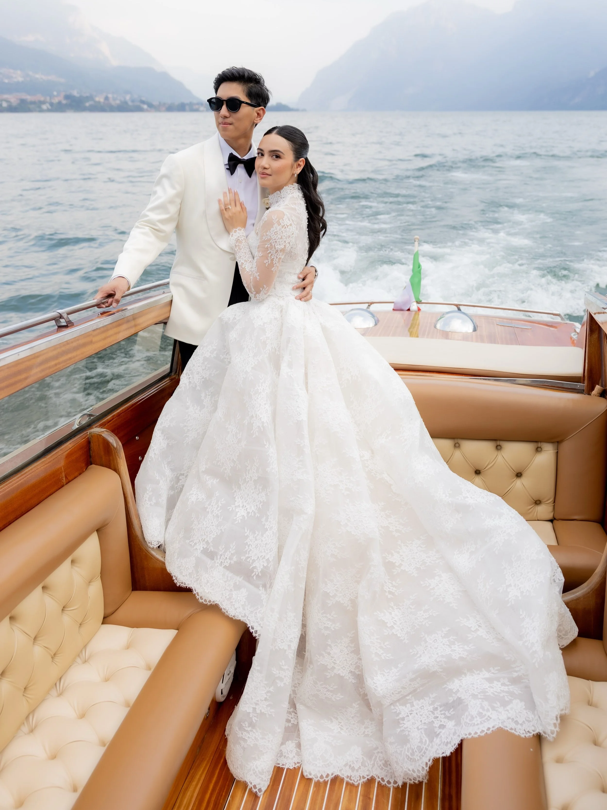 Breathtaking real bride Camille wears @moniquelhuillierbride for her Lake Como wedding. We invite you to discover Monique Lhuillier &amp; get Camille&rsquo;s look at our Trunk Show on November 6th &amp; 7th. Book your private appointment now.