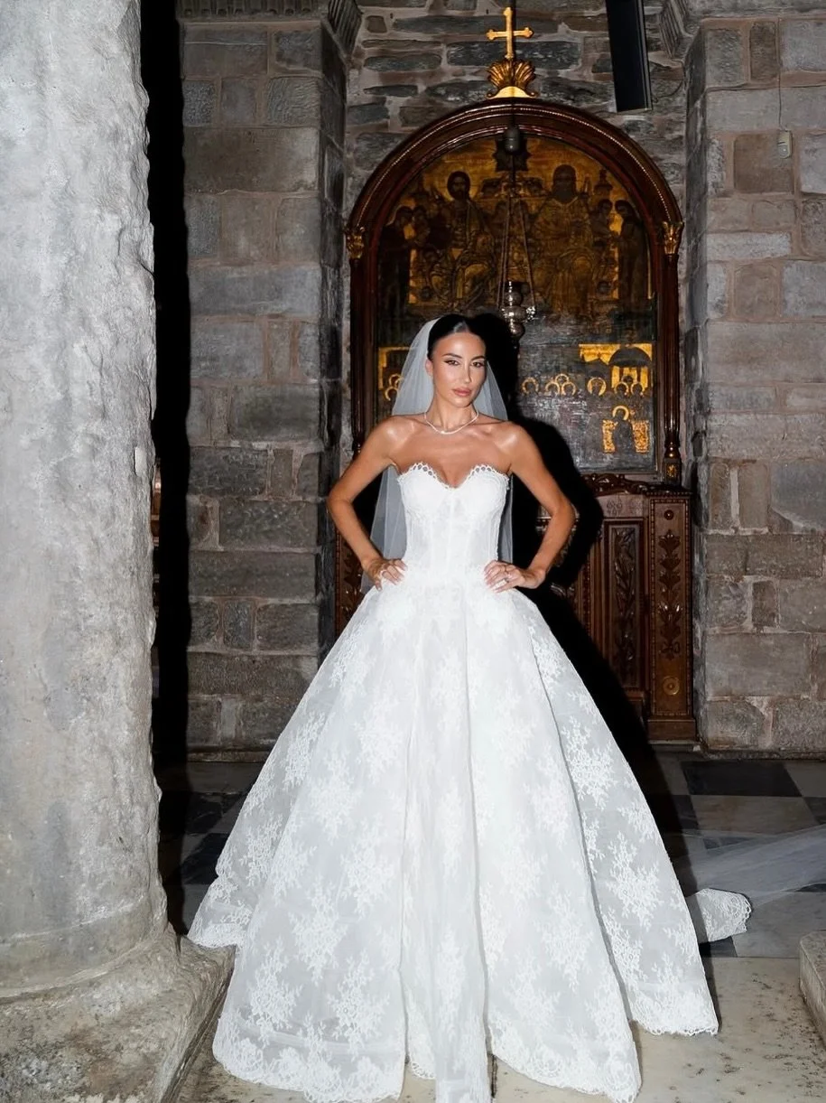 Beautiful Brianna in @moniquelhuillierbride Alexandra for her Greek wedding. Discover Monique Lhuillier at Helen Rodrigues Bridal &amp; book your appointment now to learn more about our Trunk Show November 6&amp;7.